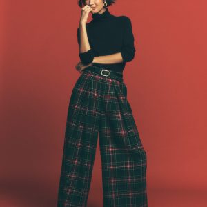 Wool Blend Pleated Pants-Green. Navy and Red Check