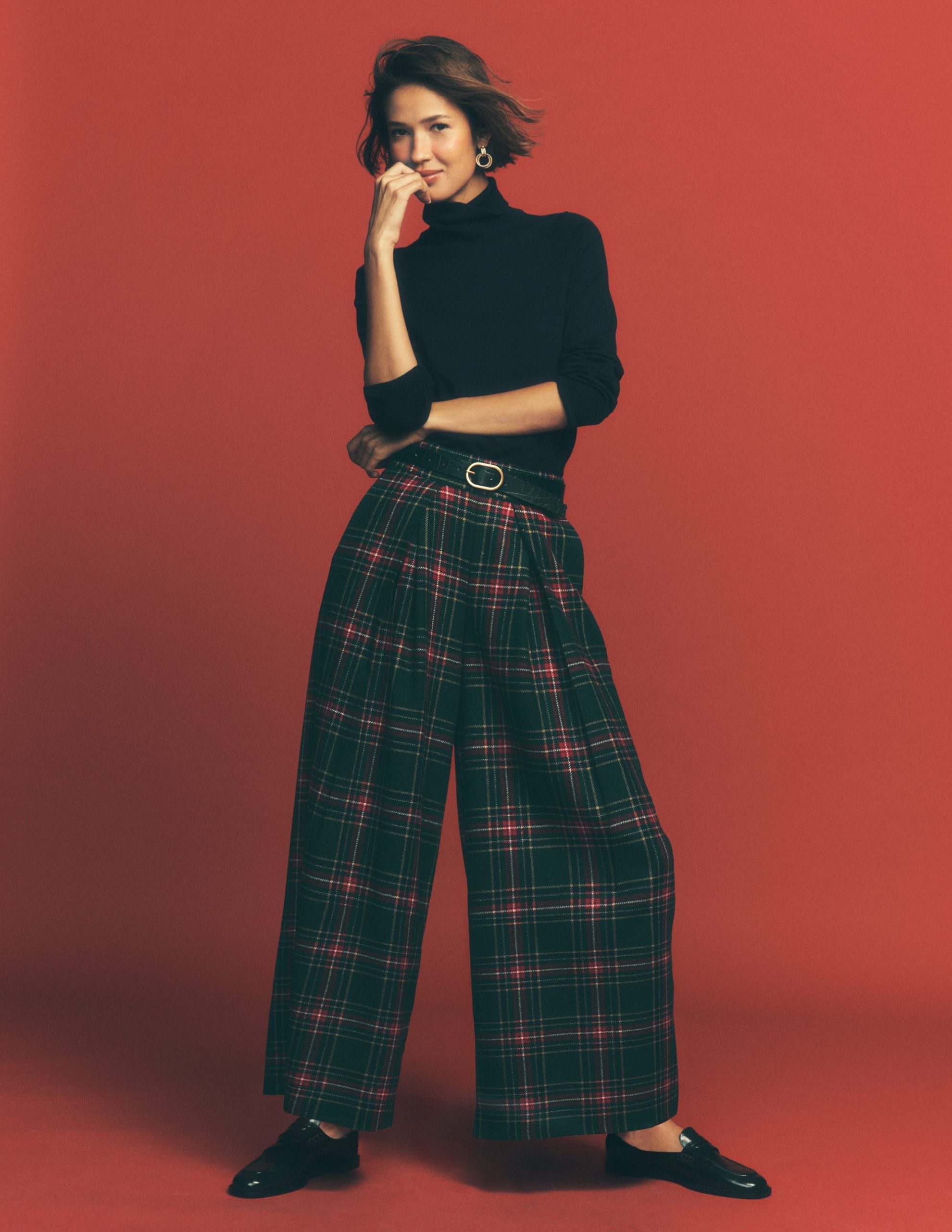 Wool Blend Pleated Pants-Green. Navy and Red Check