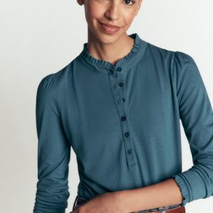 Supersoft Frill Henley Top-Storm Blue
