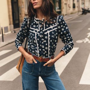 Carmen Trim Detail Top-French Navy. Delicate Garden