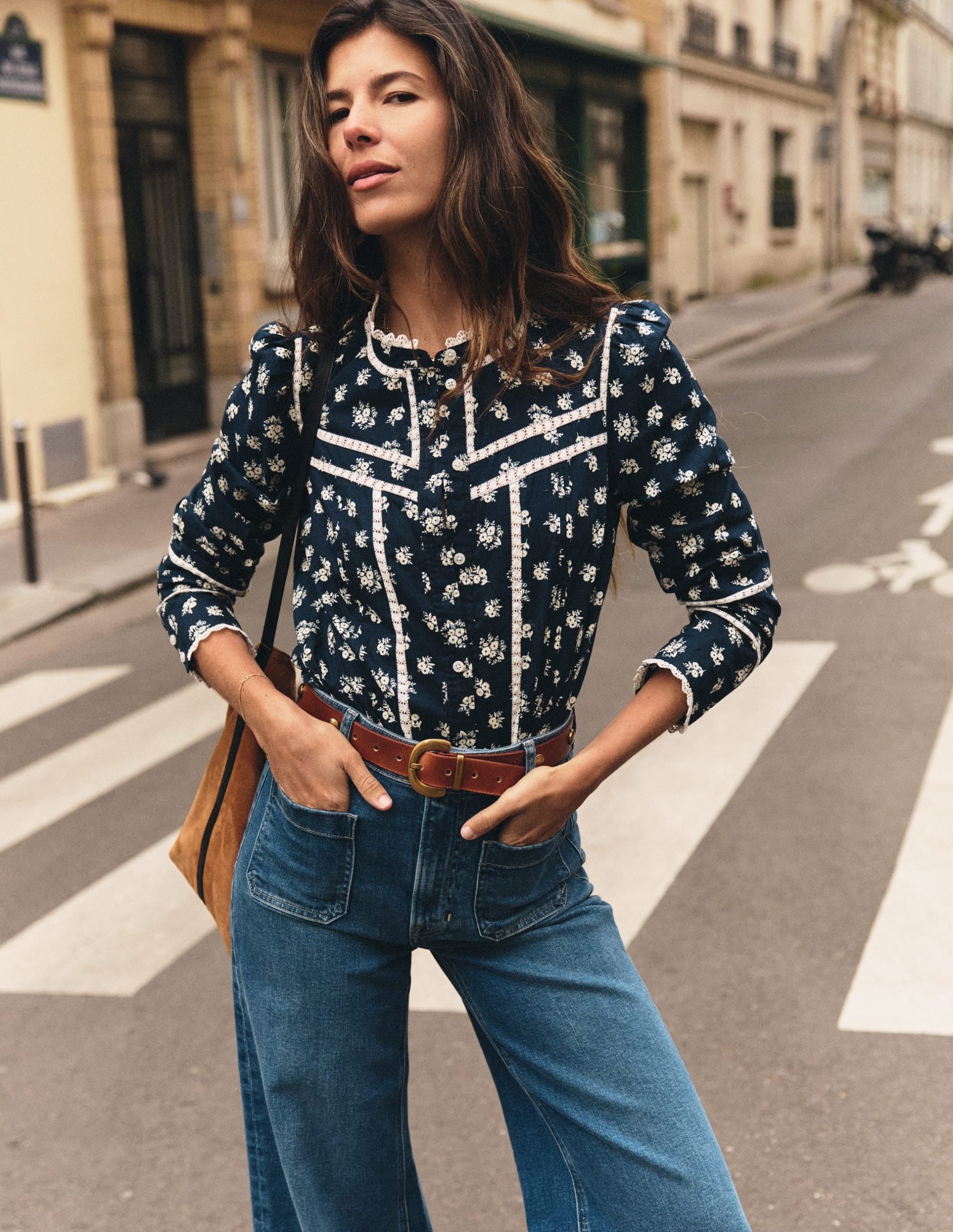 Carmen Trim Detail Top-French Navy. Delicate Garden