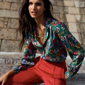 Sara Silk Shirt-Green. Butterfly Bouquet