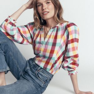 Camille Double Cloth Top-Ivory. Pink. Red Multi Gingham