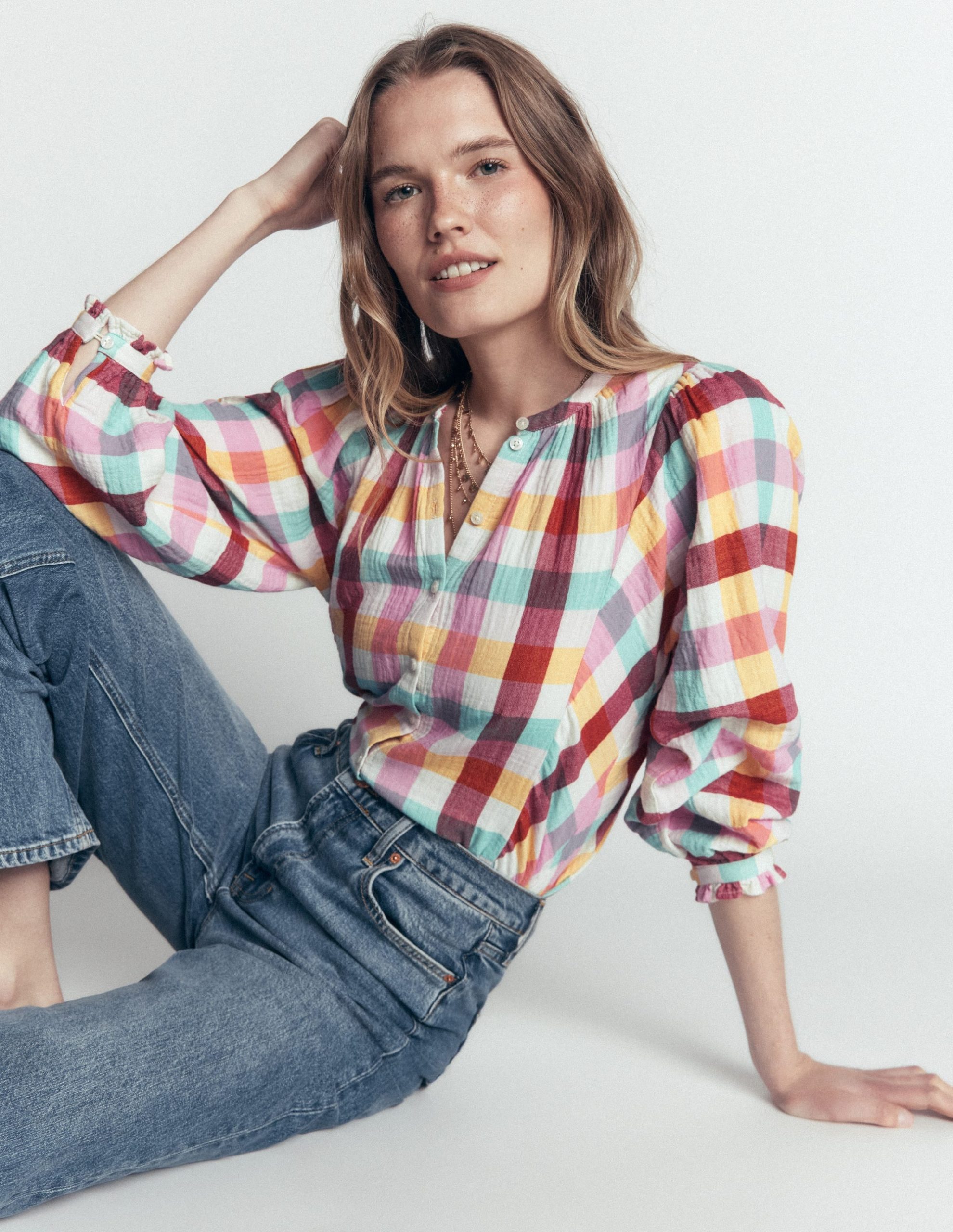 Camille Double Cloth Top-Ivory. Pink. Red Multi Gingham