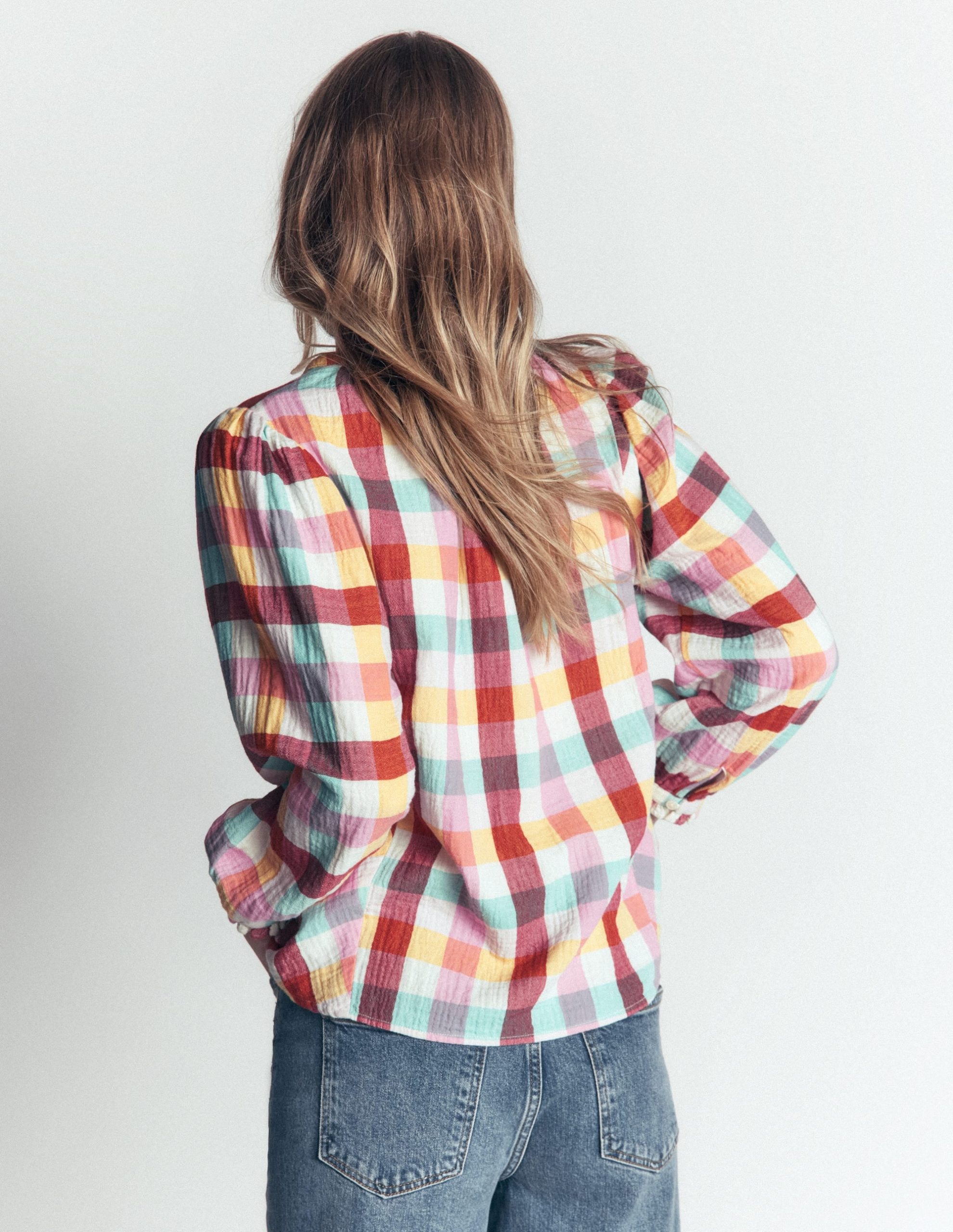 Camille Double Cloth Top-Ivory. Pink. Red Multi Gingham - Image 3