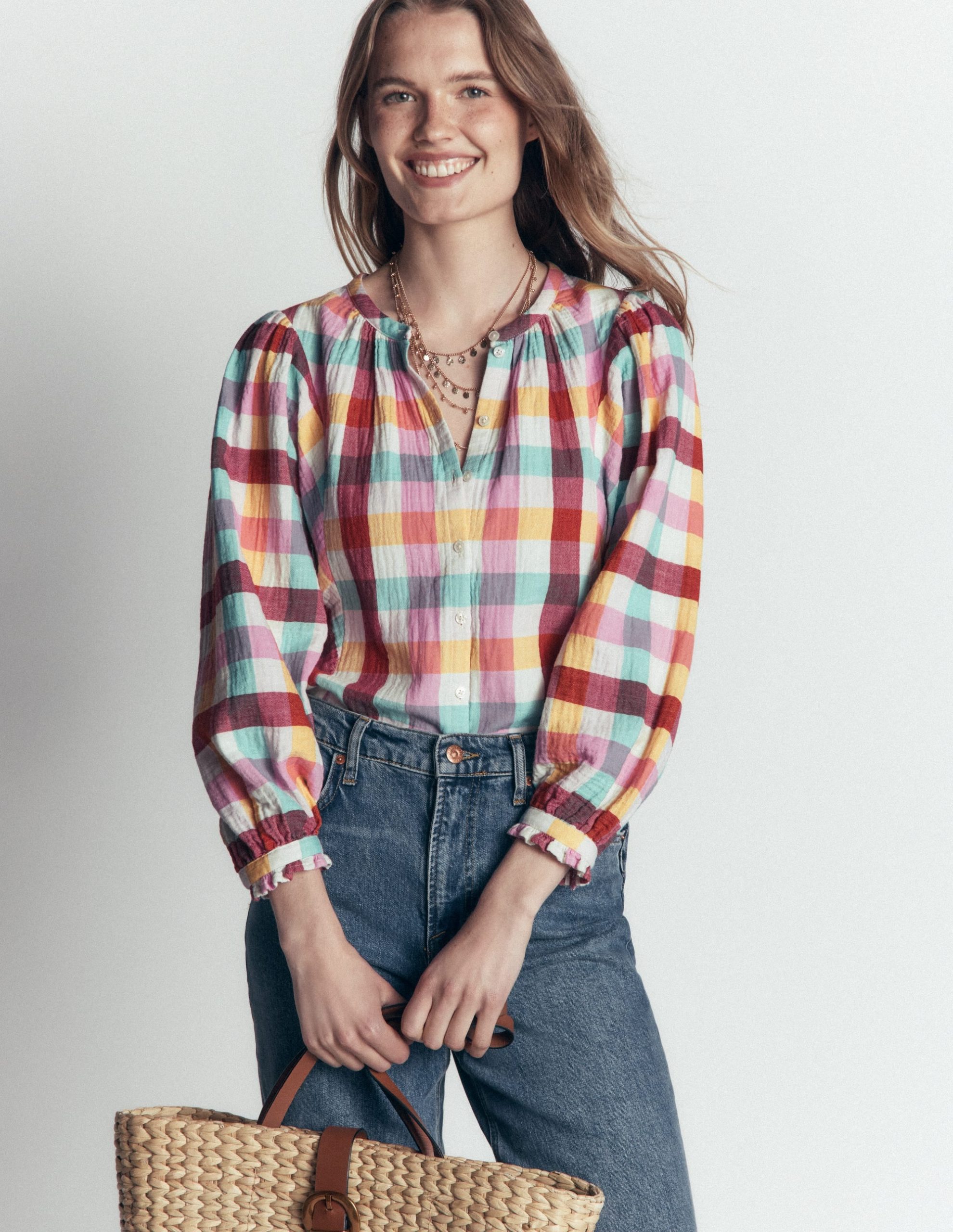 Camille Double Cloth Top-Ivory. Pink. Red Multi Gingham - Image 4