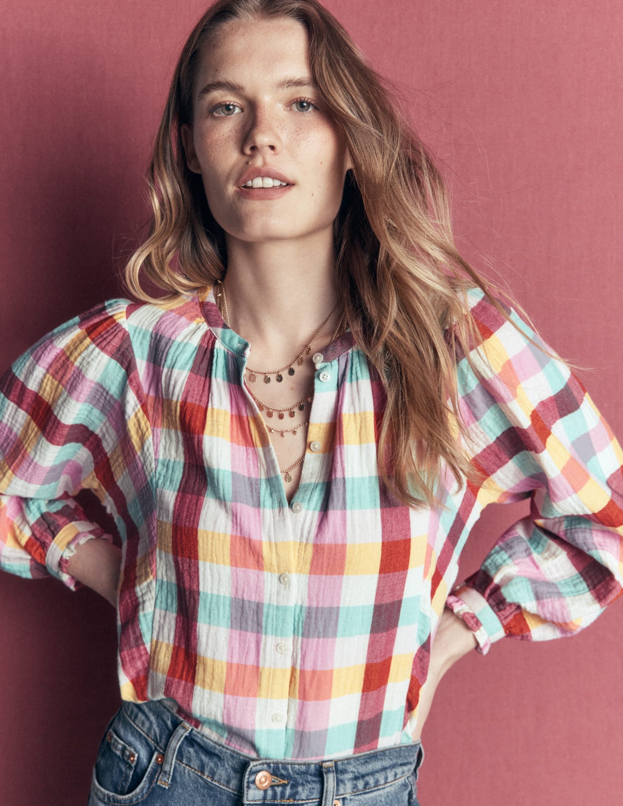 Camille Double Cloth Top-Ivory. Pink. Red Multi Gingham - Image 5