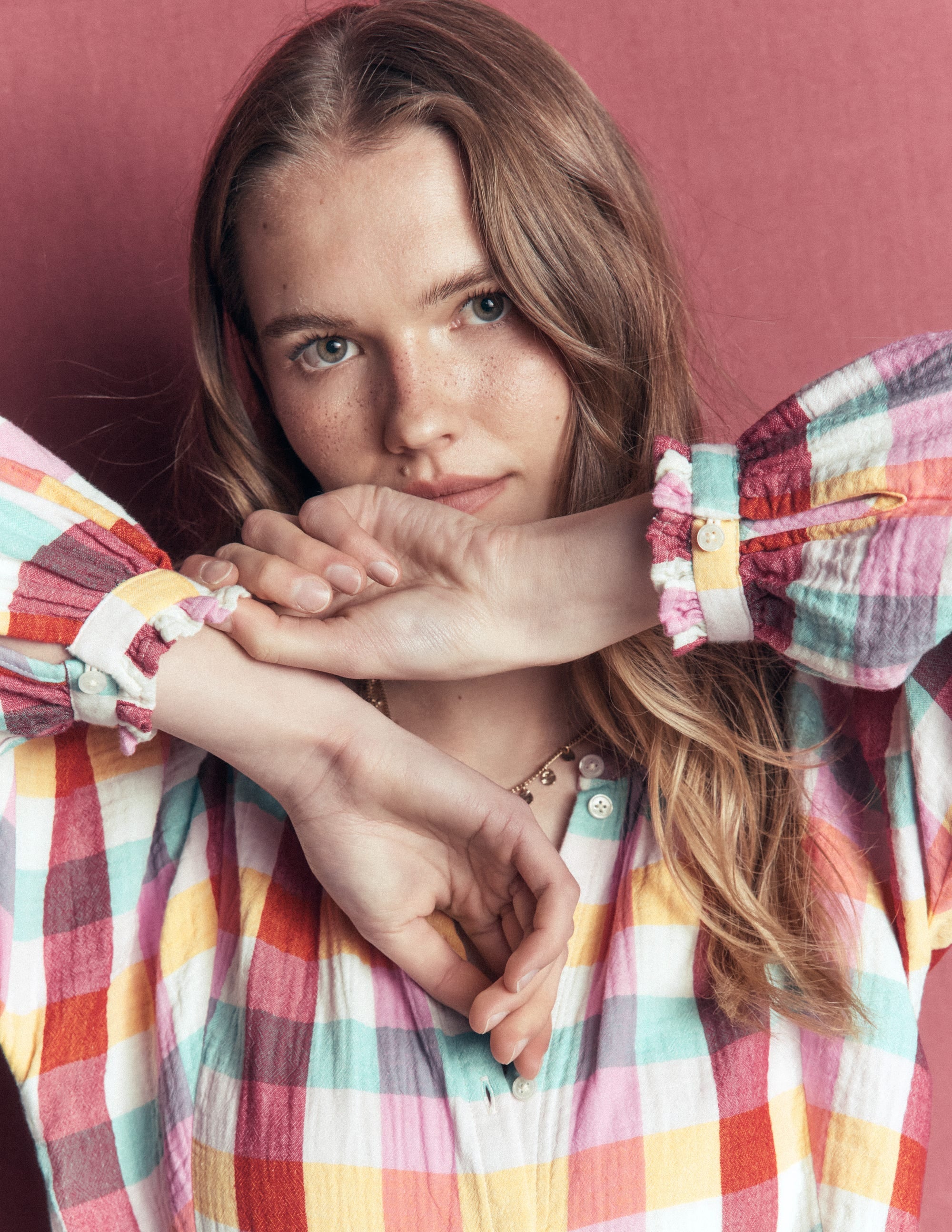 Camille Double Cloth Top-Ivory. Pink. Red Multi Gingham - Image 6