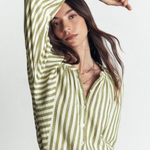 Camille Double Cloth Top-Olive. Ivory Fine Stripe