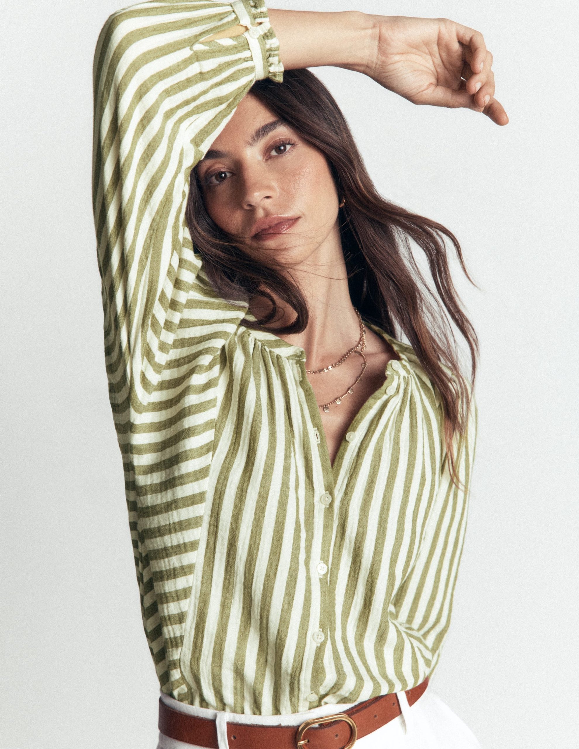 Camille Double Cloth Top-Olive. Ivory Fine Stripe