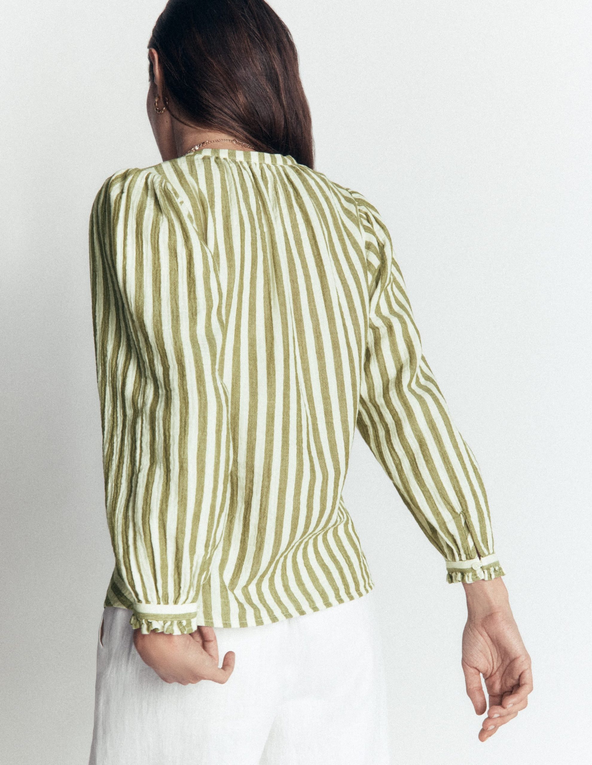 Camille Double Cloth Top-Olive. Ivory Fine Stripe - Image 3