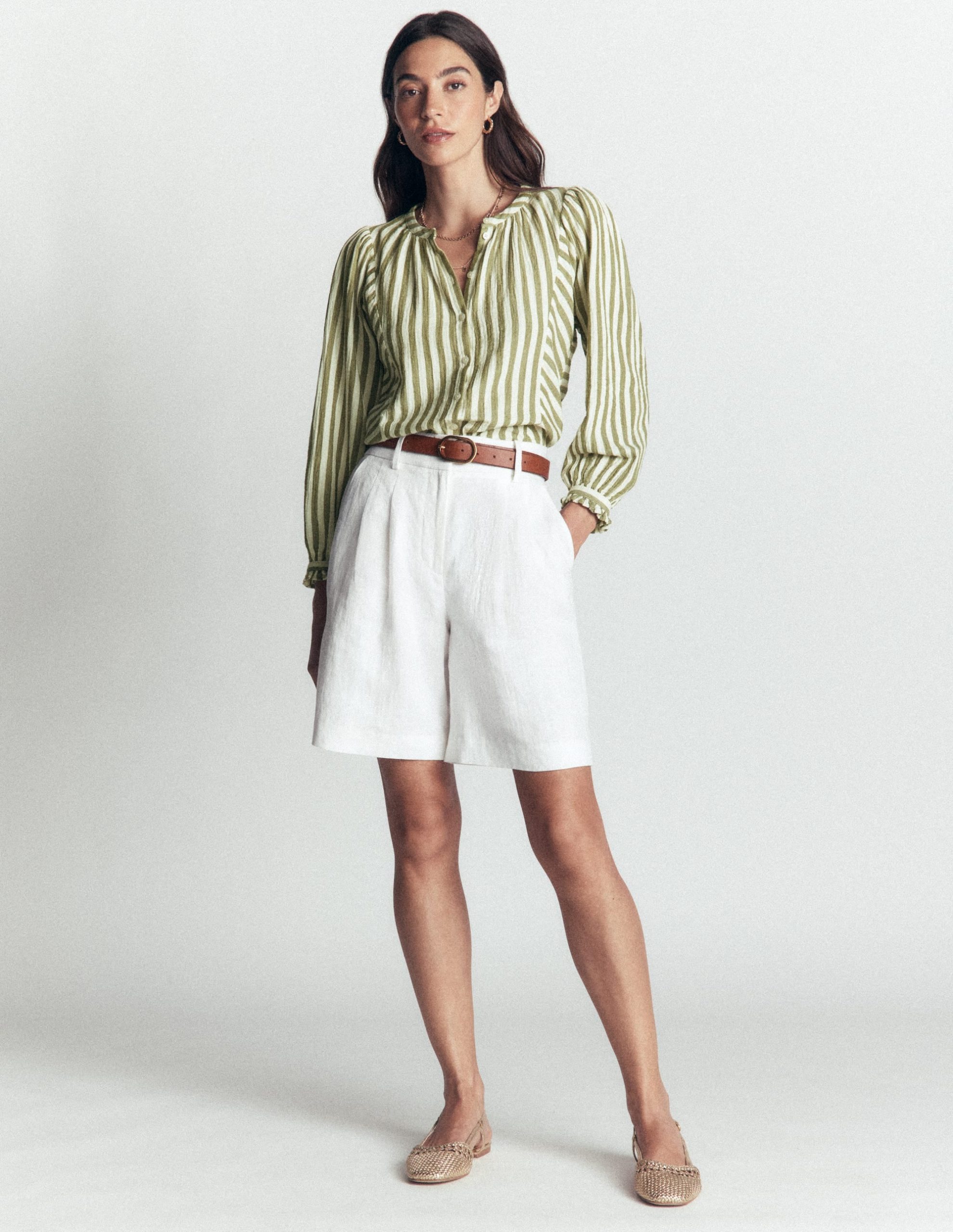Camille Double Cloth Top-Olive. Ivory Fine Stripe - Image 4