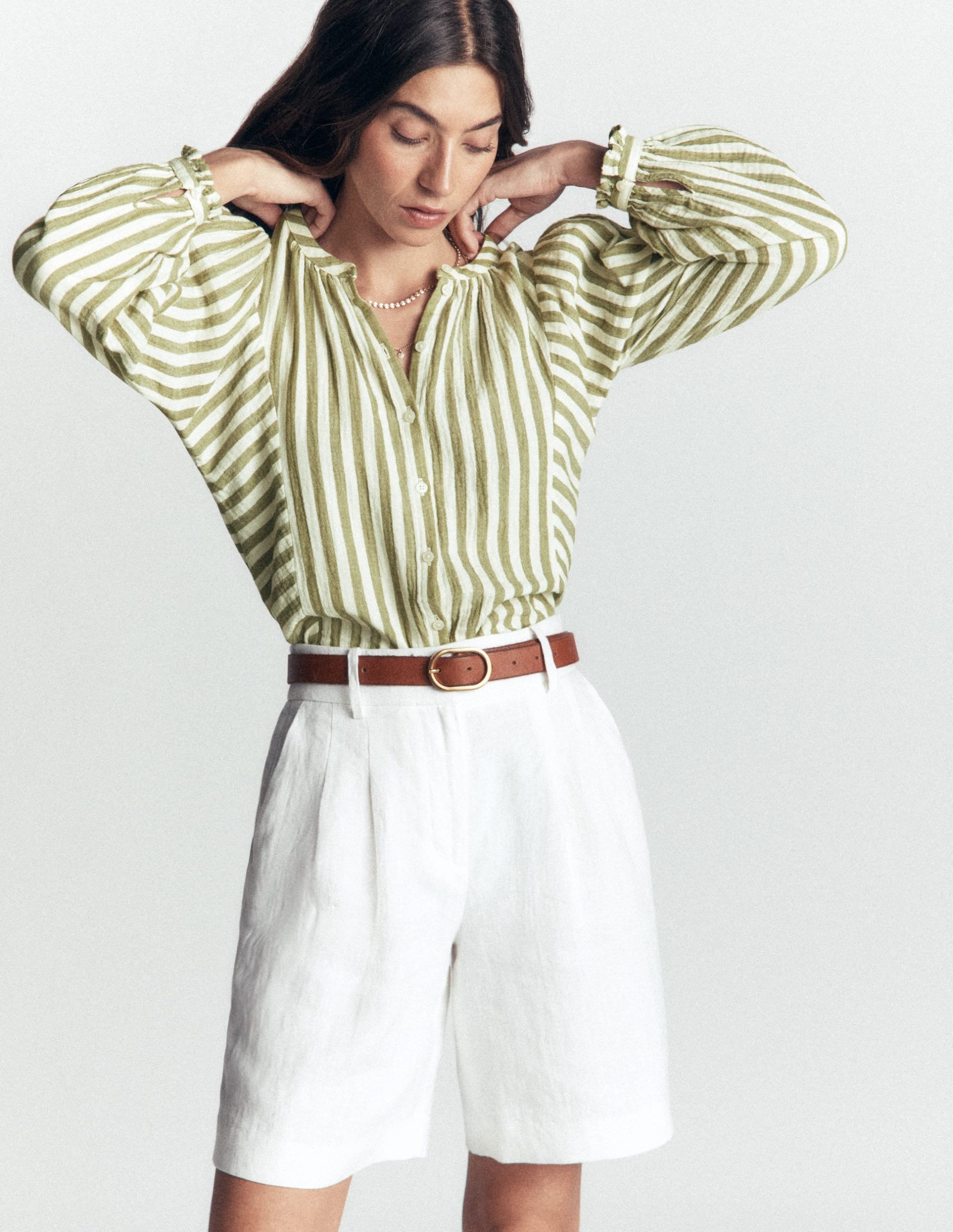 Camille Double Cloth Top-Olive. Ivory Fine Stripe - Image 5