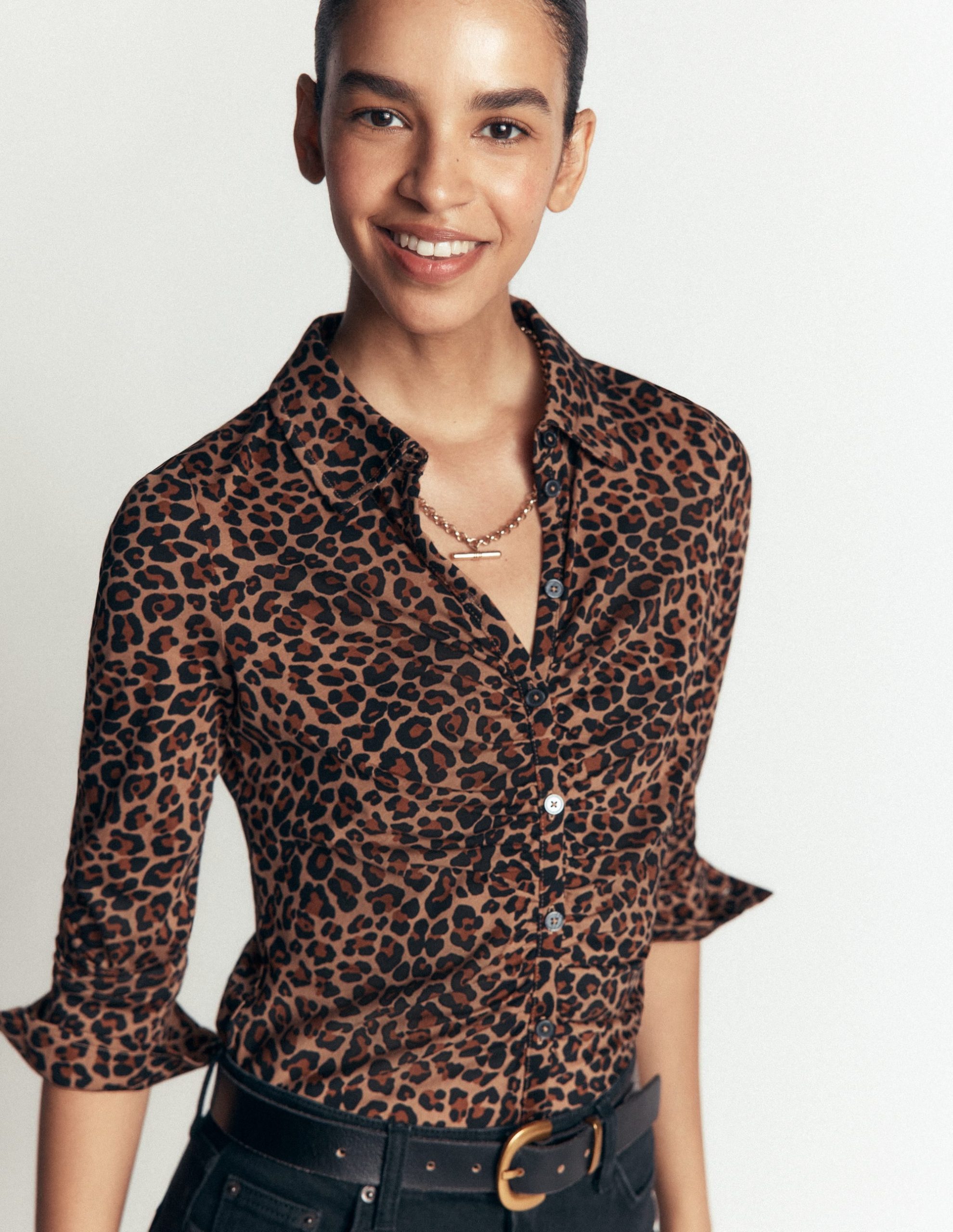 Supersoft Ruched Jersey Shirt-Camel. Leopard Fields - Image 2