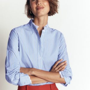 Sienna Frill Cotton Shirt-Forget Me Not. Ivory Stripe
