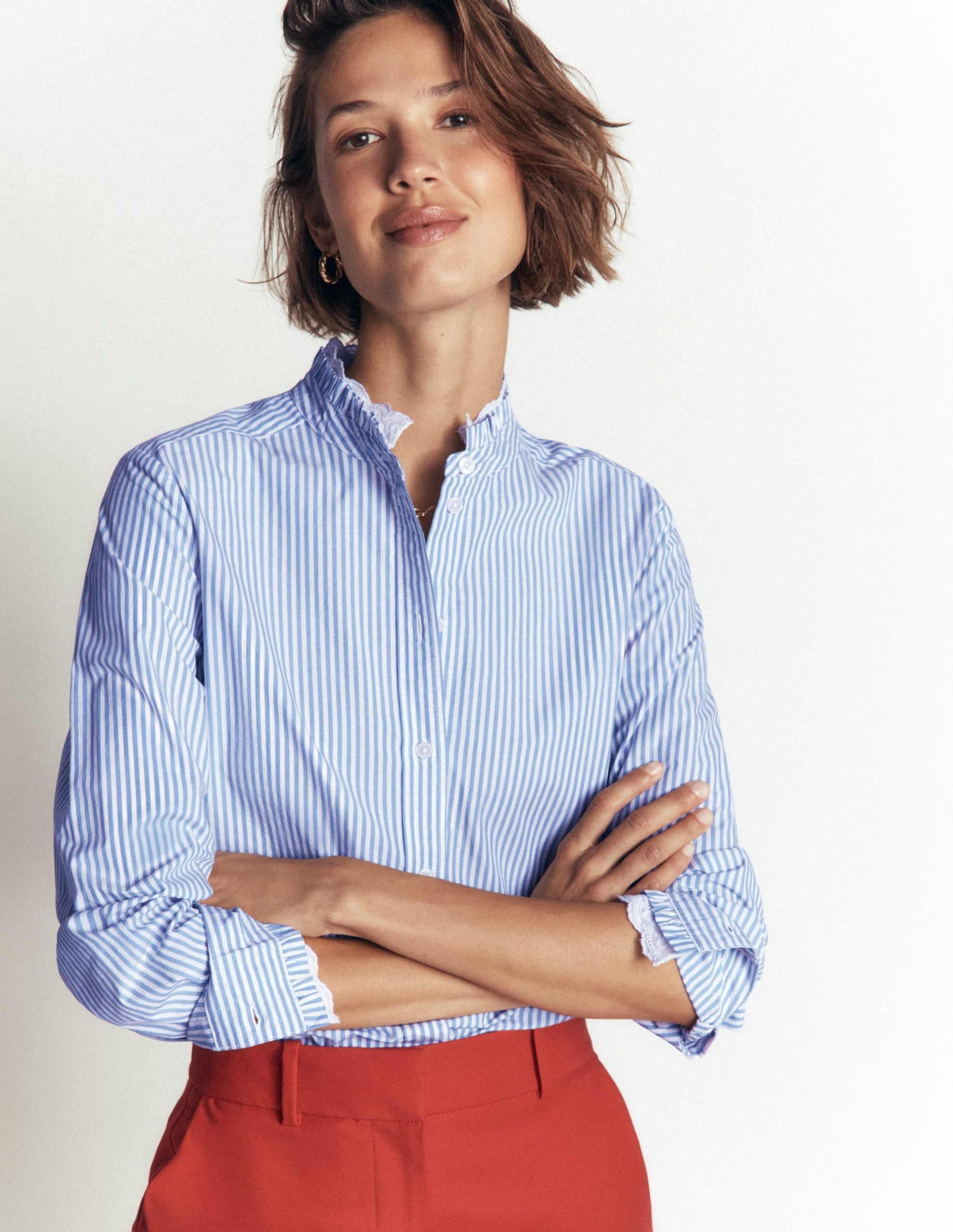 Sienna Frill Cotton Shirt-Forget Me Not. Ivory Stripe