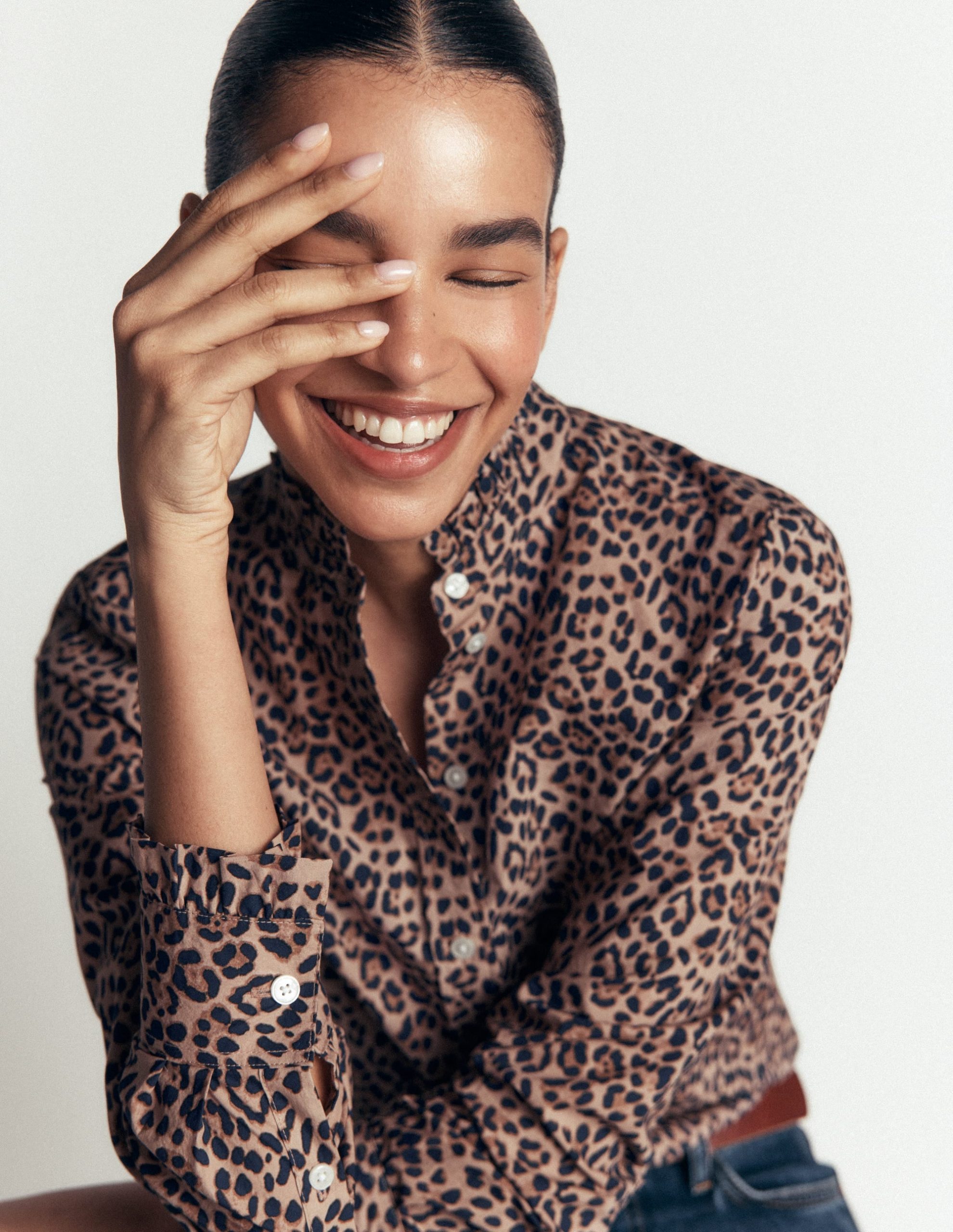 Sienna Frill Cotton Shirt-Demerara. Brushed Animal