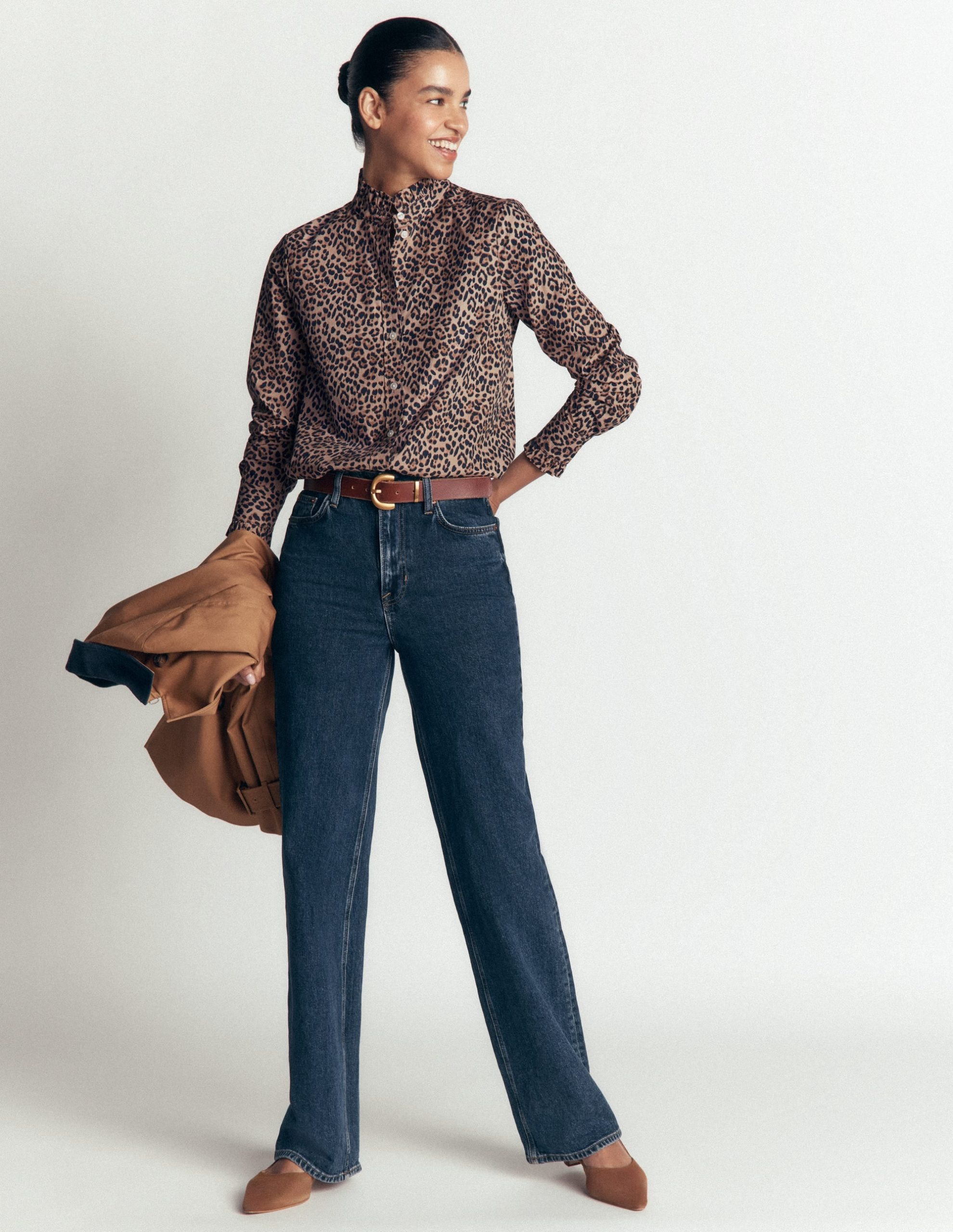 Sienna Frill Cotton Shirt-Demerara. Brushed Animal - Image 4