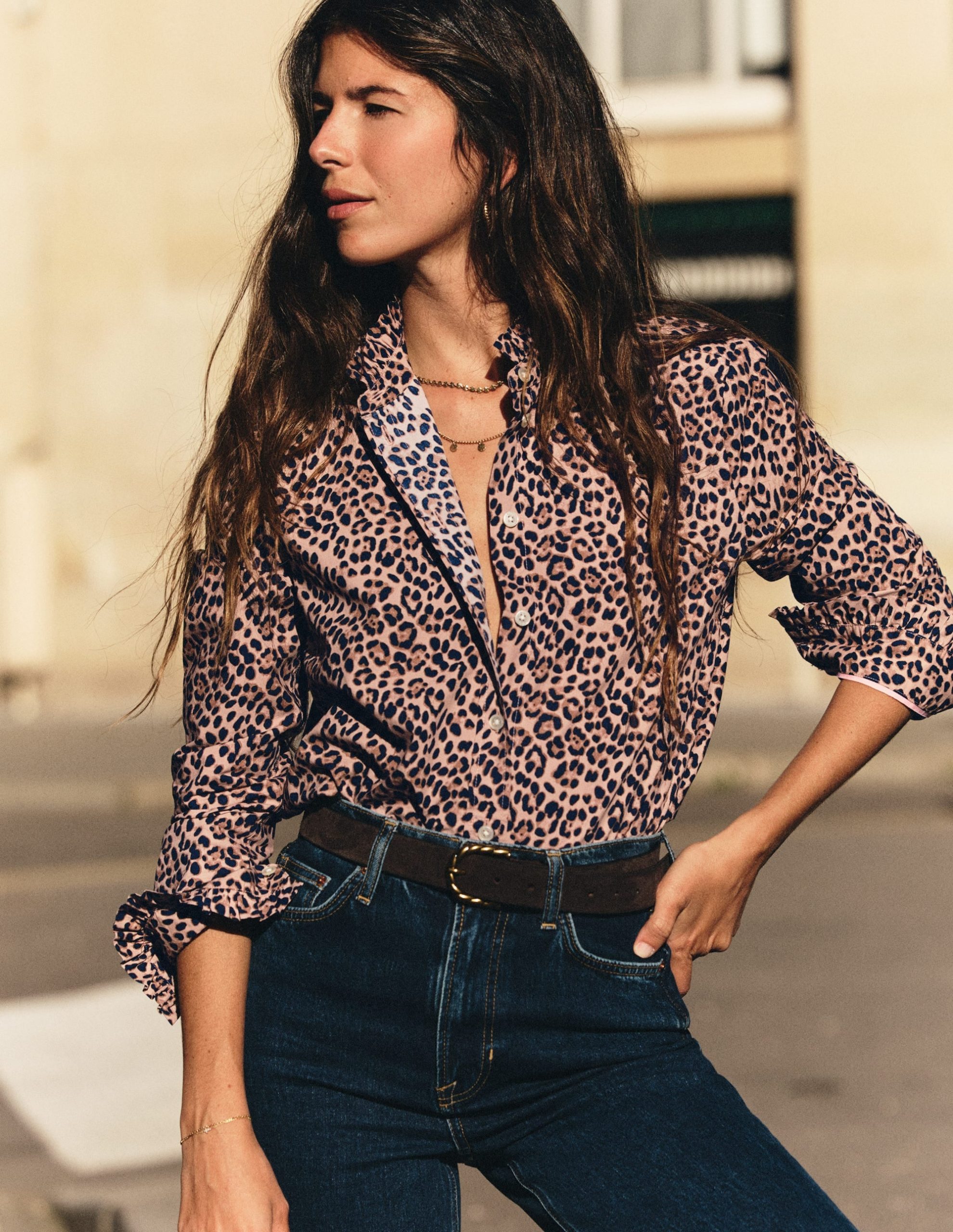 Sienna Frill Cotton Shirt-Demerara. Brushed Animal - Image 5