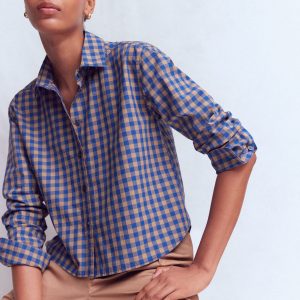 Sienna Cropped Cotton Shirt-Camel. Blue Gingham