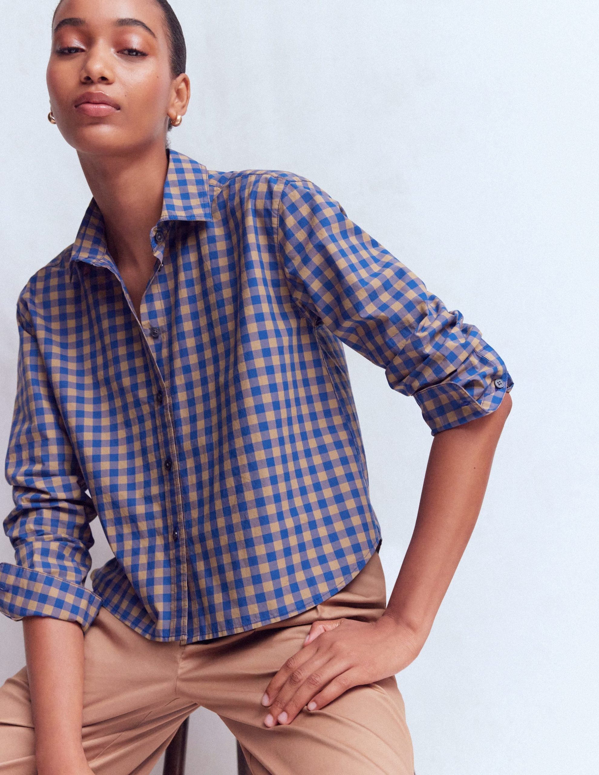 Sienna Cropped Cotton Shirt-Camel. Blue Gingham