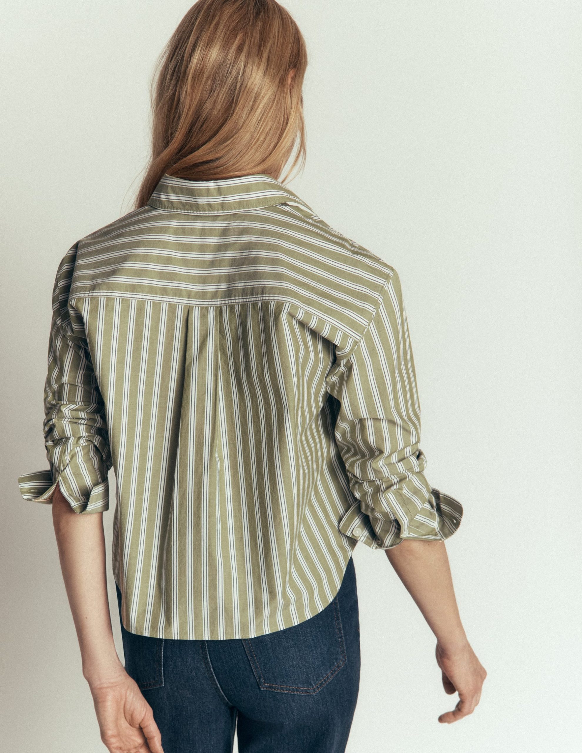 Sienna Cropped Cotton Shirt-Olive. Navy Tram Stripe - Image 2