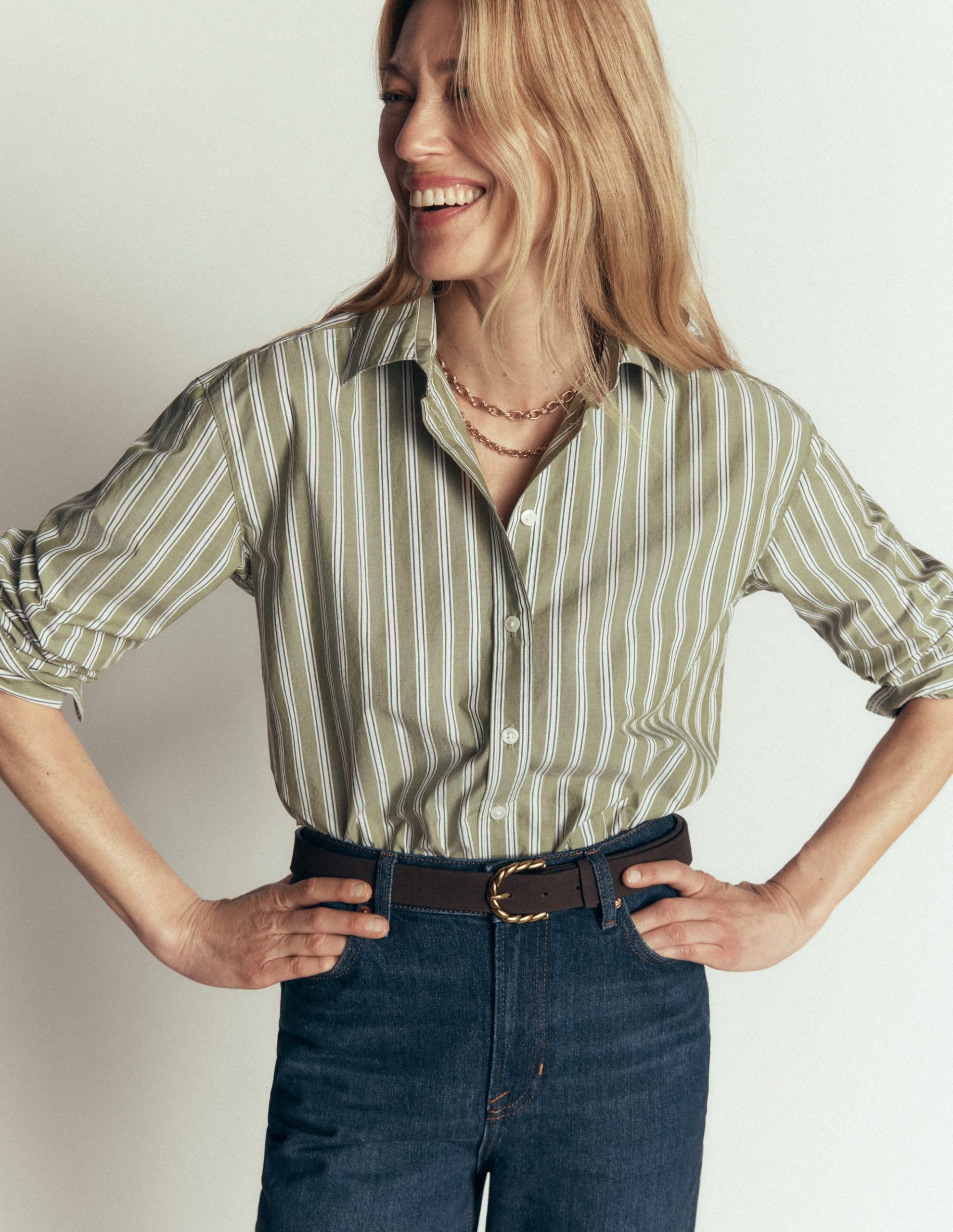 Sienna Cropped Cotton Shirt-Olive. Navy Tram Stripe - Image 3