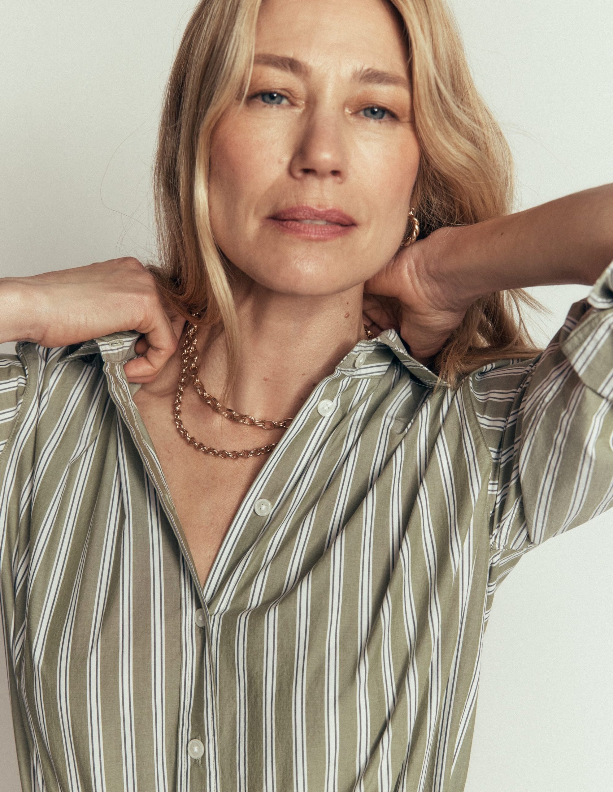 Sienna Cropped Cotton Shirt-Olive. Navy Tram Stripe - Image 5