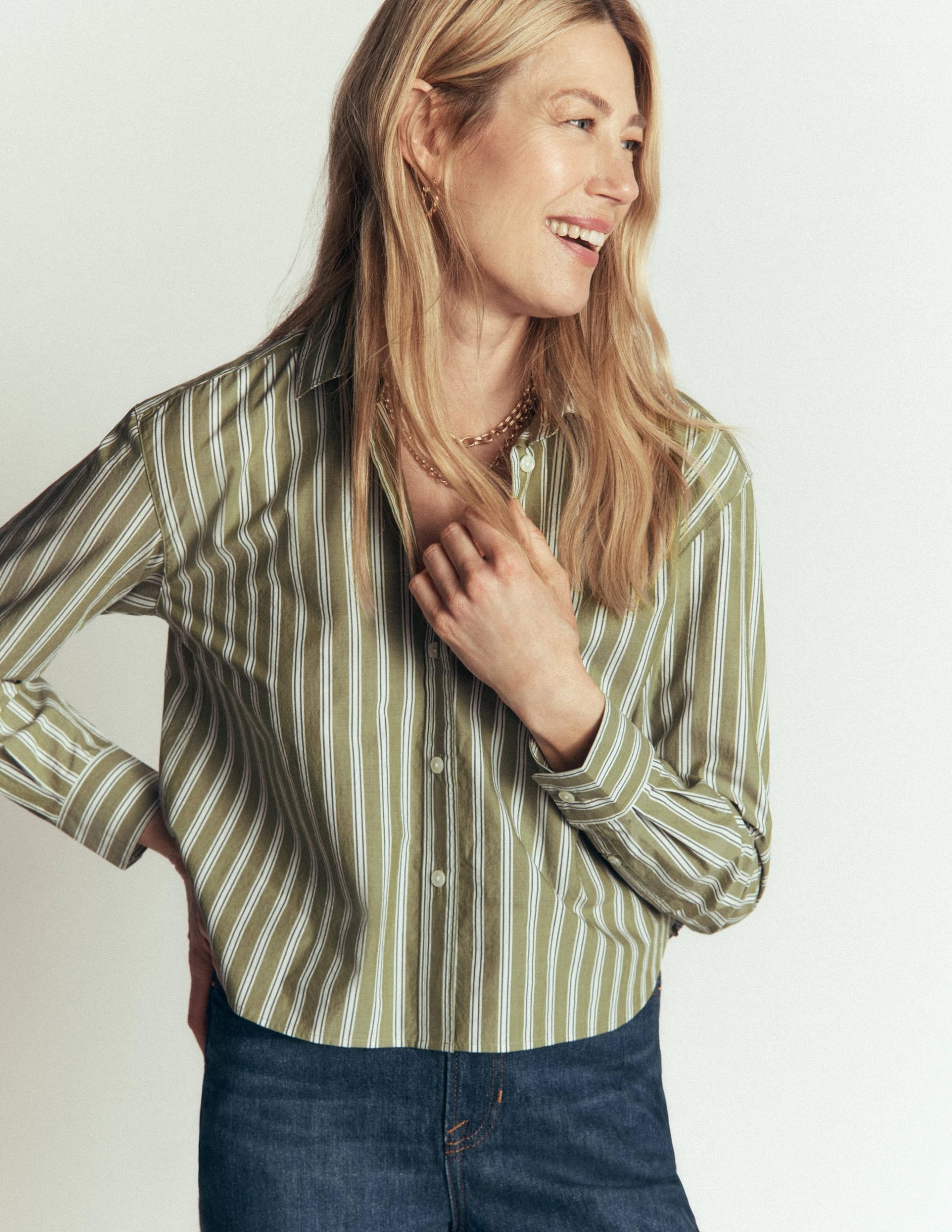 Sienna Cropped Cotton Shirt-Olive. Navy Tram Stripe - Image 6