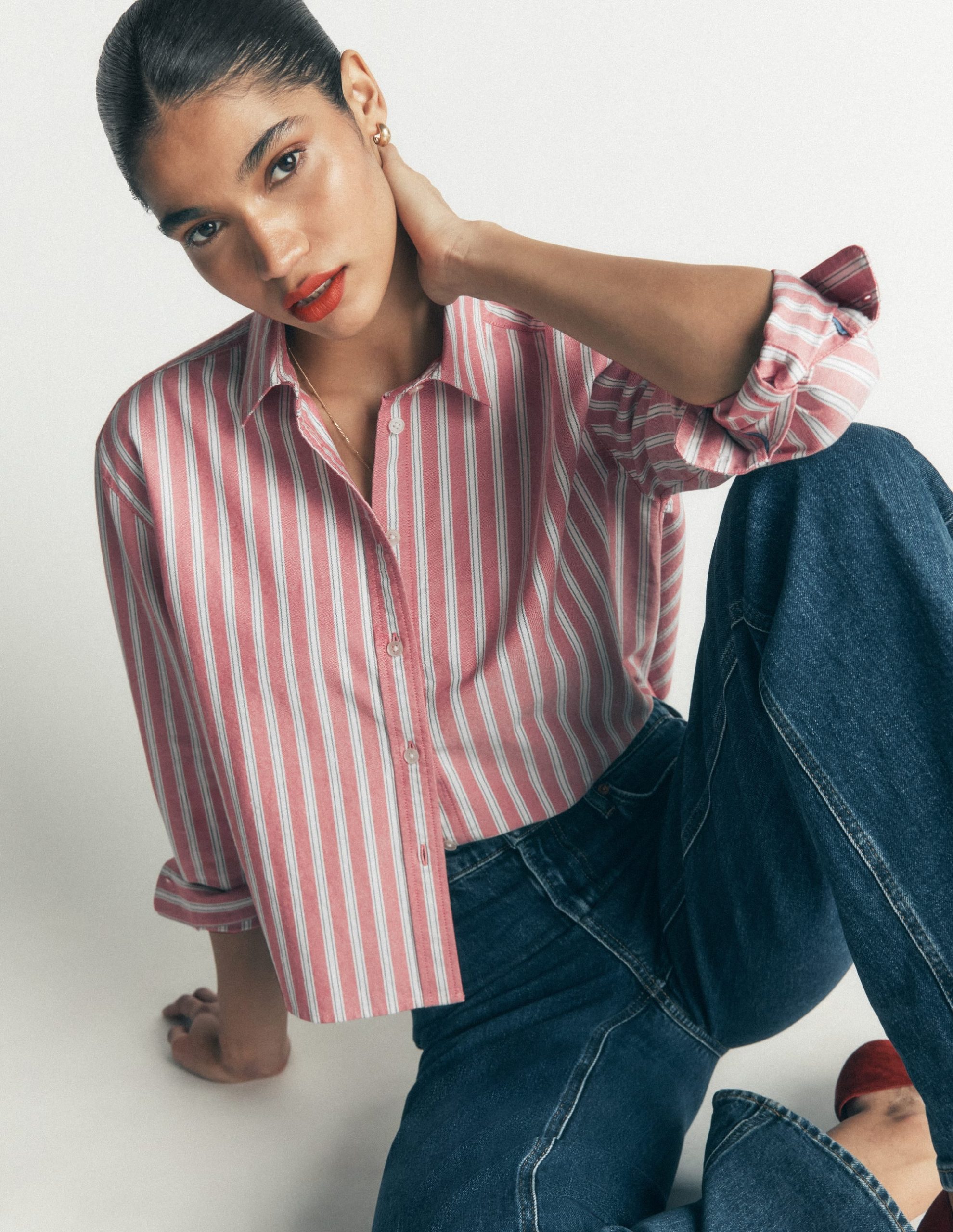 Sienna Cropped Cotton Shirt-Red. Navy Tram Stripe - Image 2