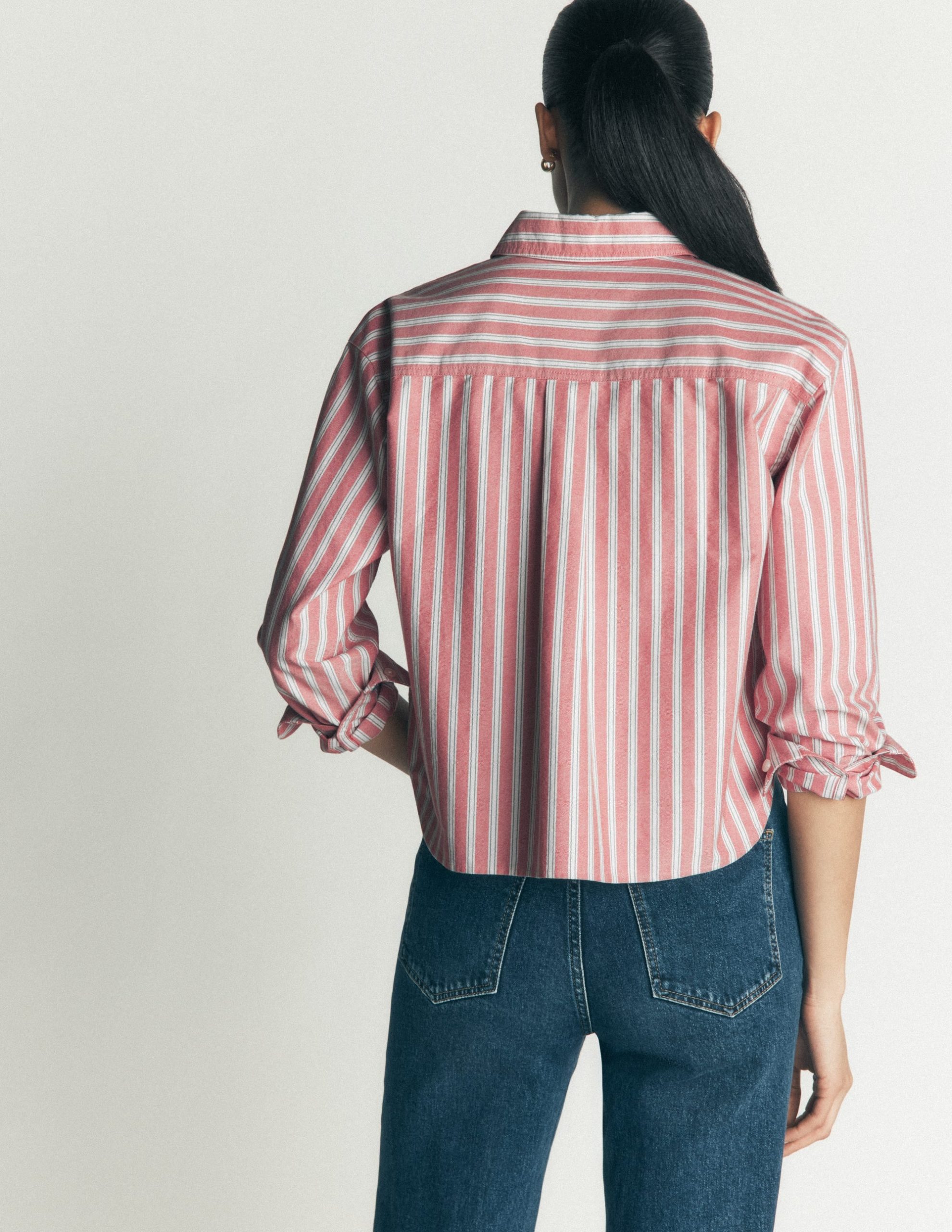 Sienna Cropped Cotton Shirt-Red. Navy Tram Stripe - Image 4