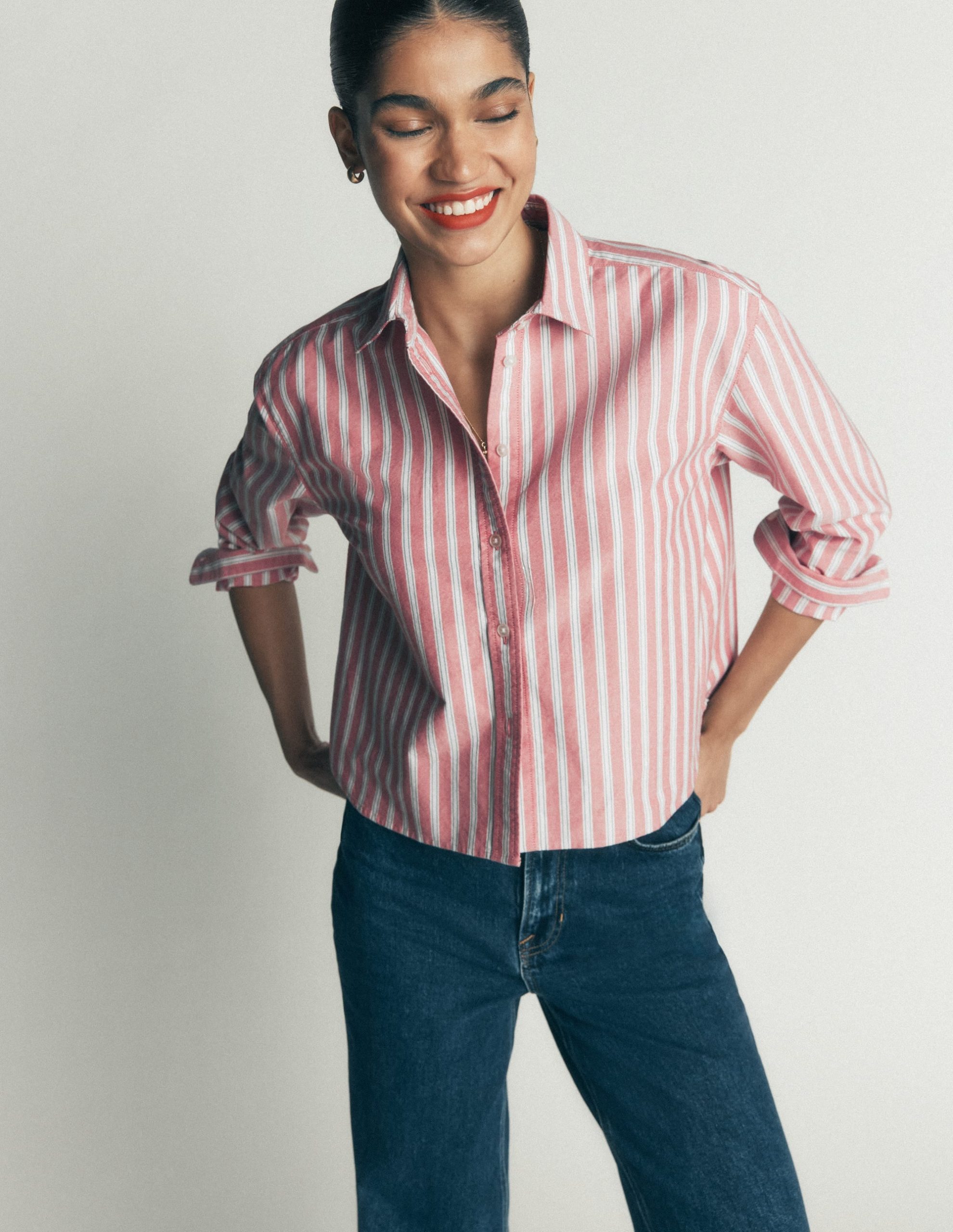 Sienna Cropped Cotton Shirt-Red. Navy Tram Stripe - Image 5