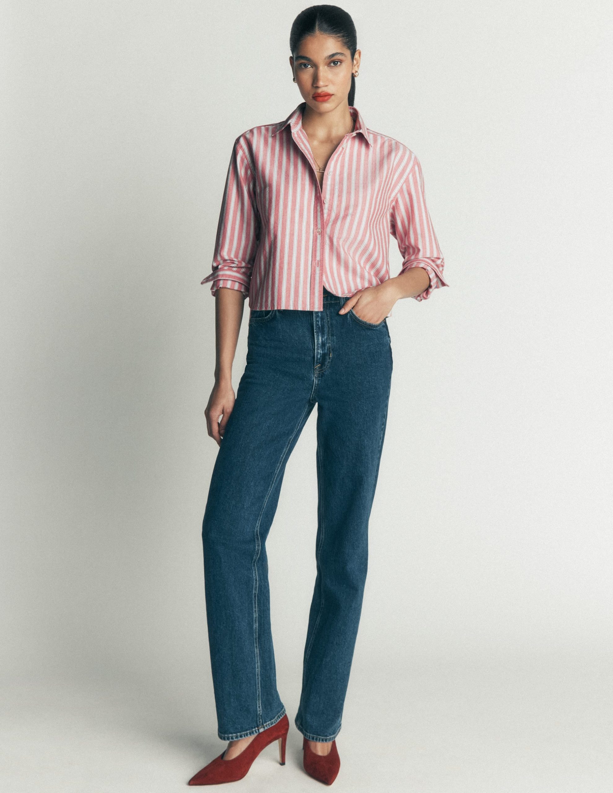 Sienna Cropped Cotton Shirt-Red. Navy Tram Stripe - Image 6