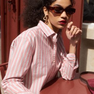 Sienna Cropped Cotton Shirt-Red. Navy Tram Stripe