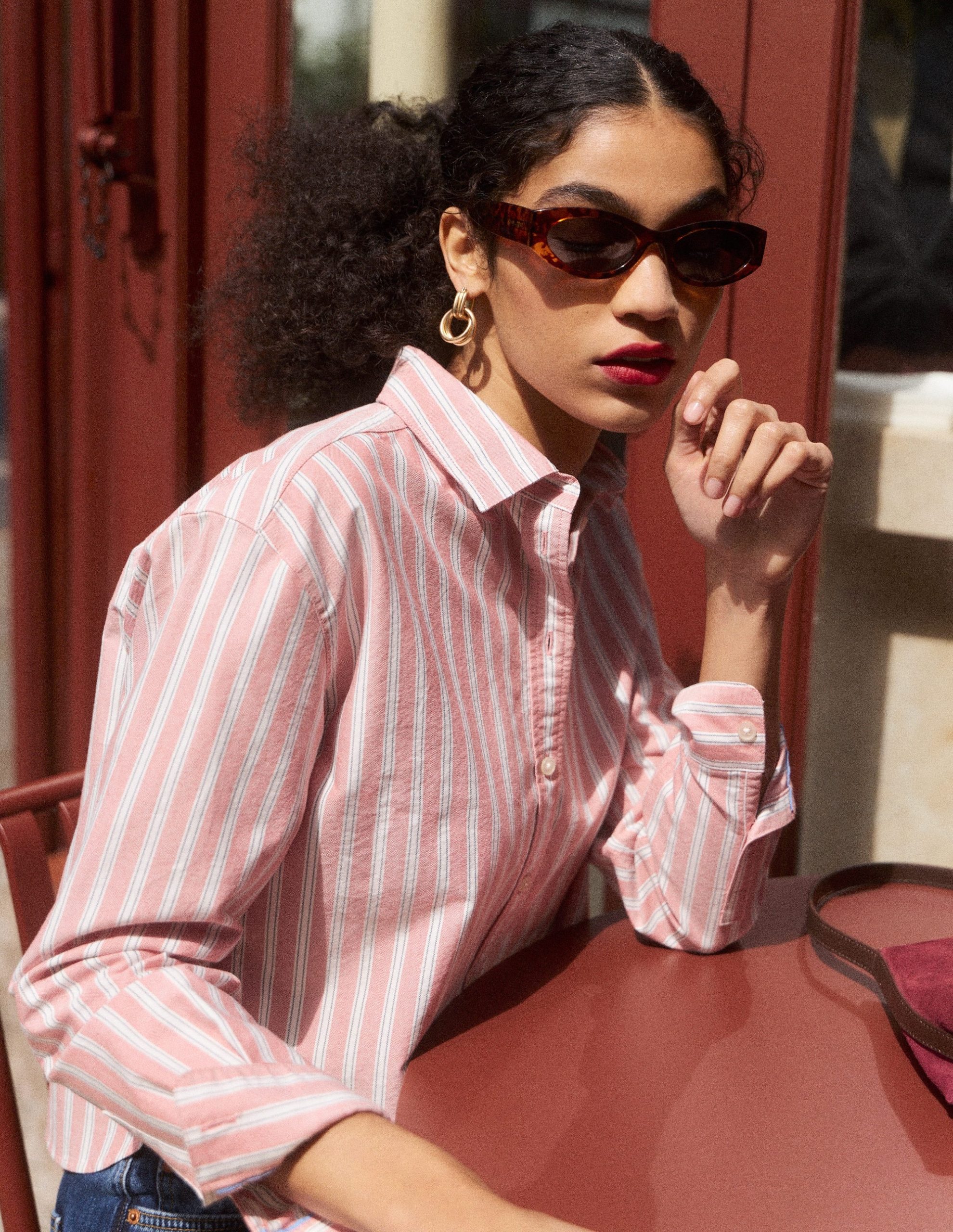 Sienna Cropped Cotton Shirt-Red. Navy Tram Stripe