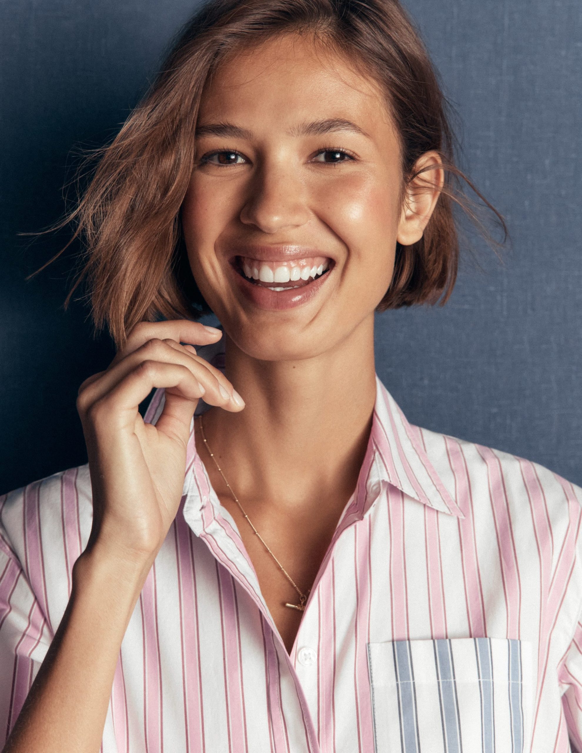 Sienna Relaxed Cotton Shirt-Pink and Blue. Hotched Stripe - Image 6