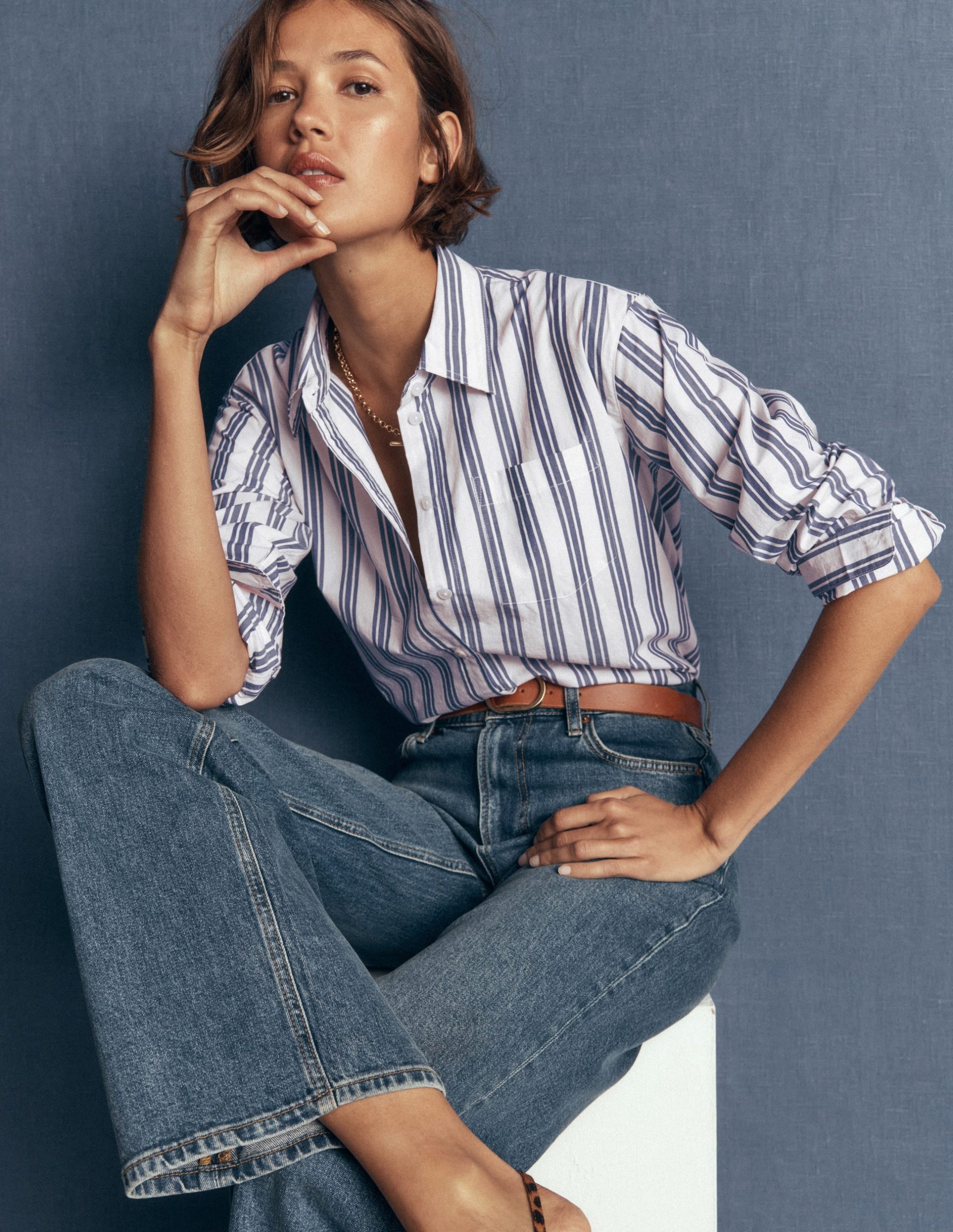 Sienna Relaxed Cotton Shirt-Ivory. Navy Tram Stripe