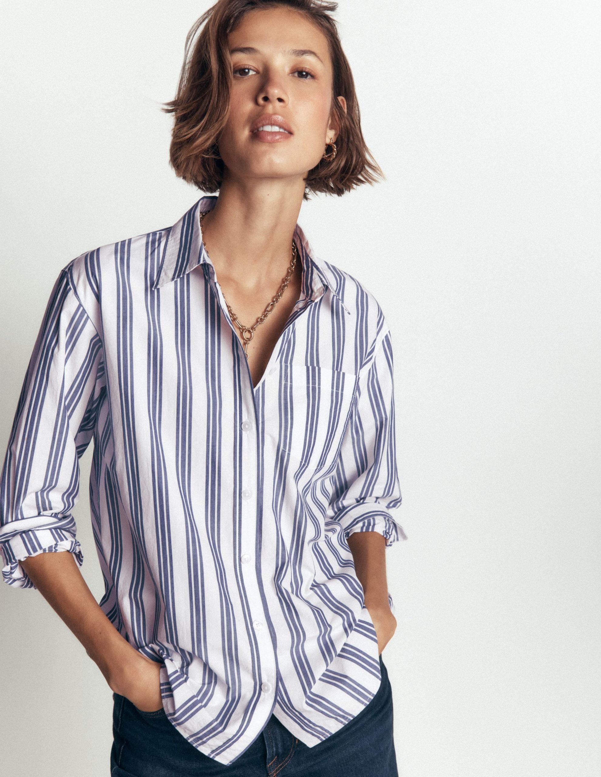 Sienna Relaxed Cotton Shirt-Ivory. Navy Tram Stripe - Image 5