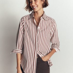 Anna Longline Cotton Shirt-Ivory. Brown Tram Stripe