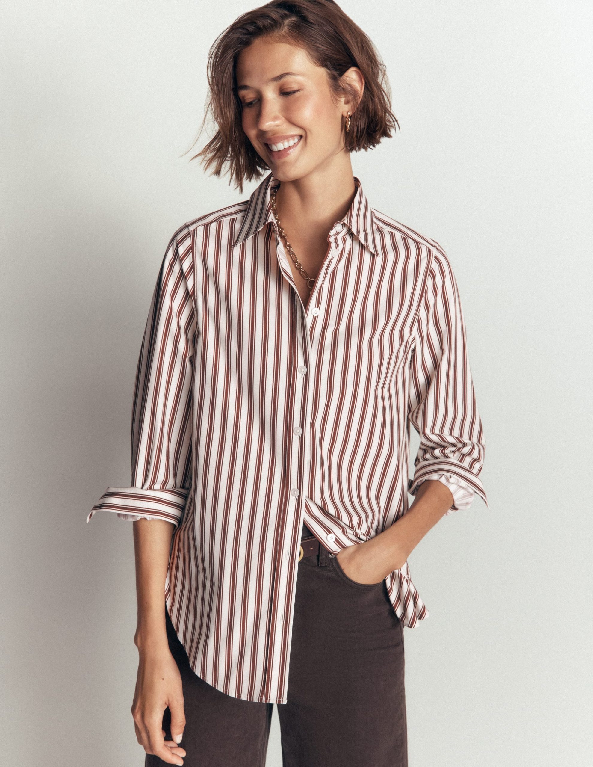Anna Longline Cotton Shirt-Ivory. Brown Tram Stripe