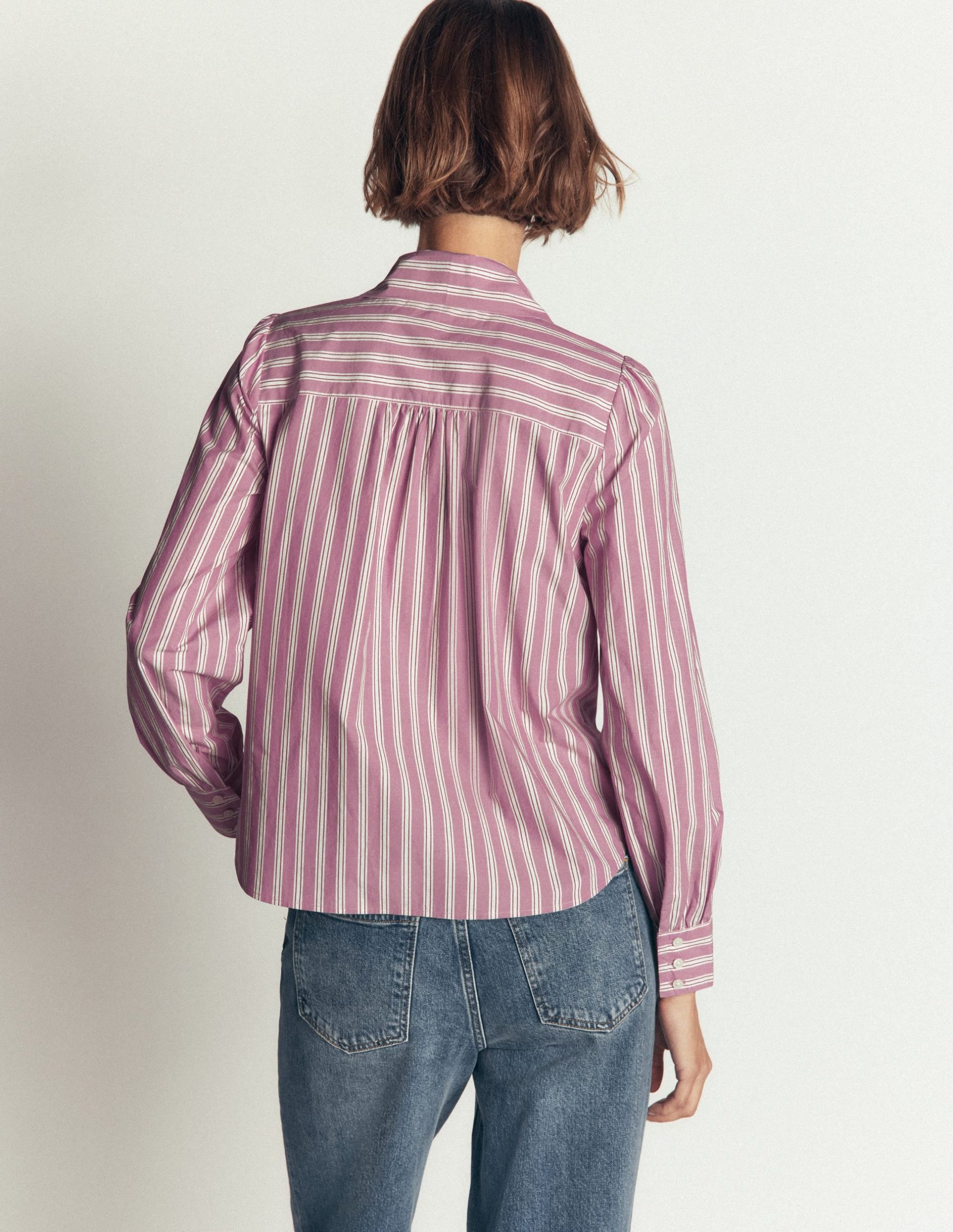 Clara Tie Neck Shirt-Pink. Maroon Tram Stripe - Image 4