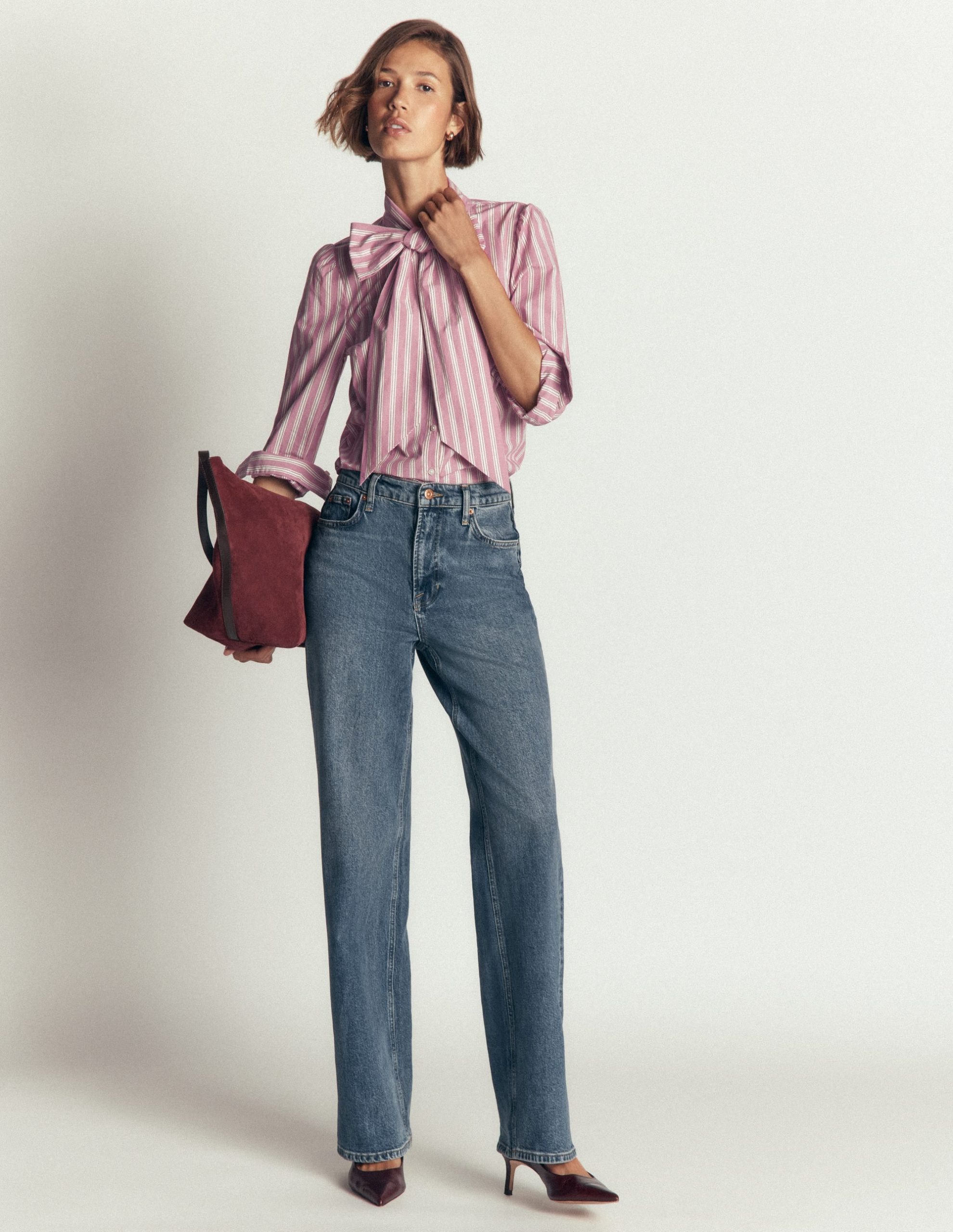 Clara Tie Neck Shirt-Pink. Maroon Tram Stripe - Image 5