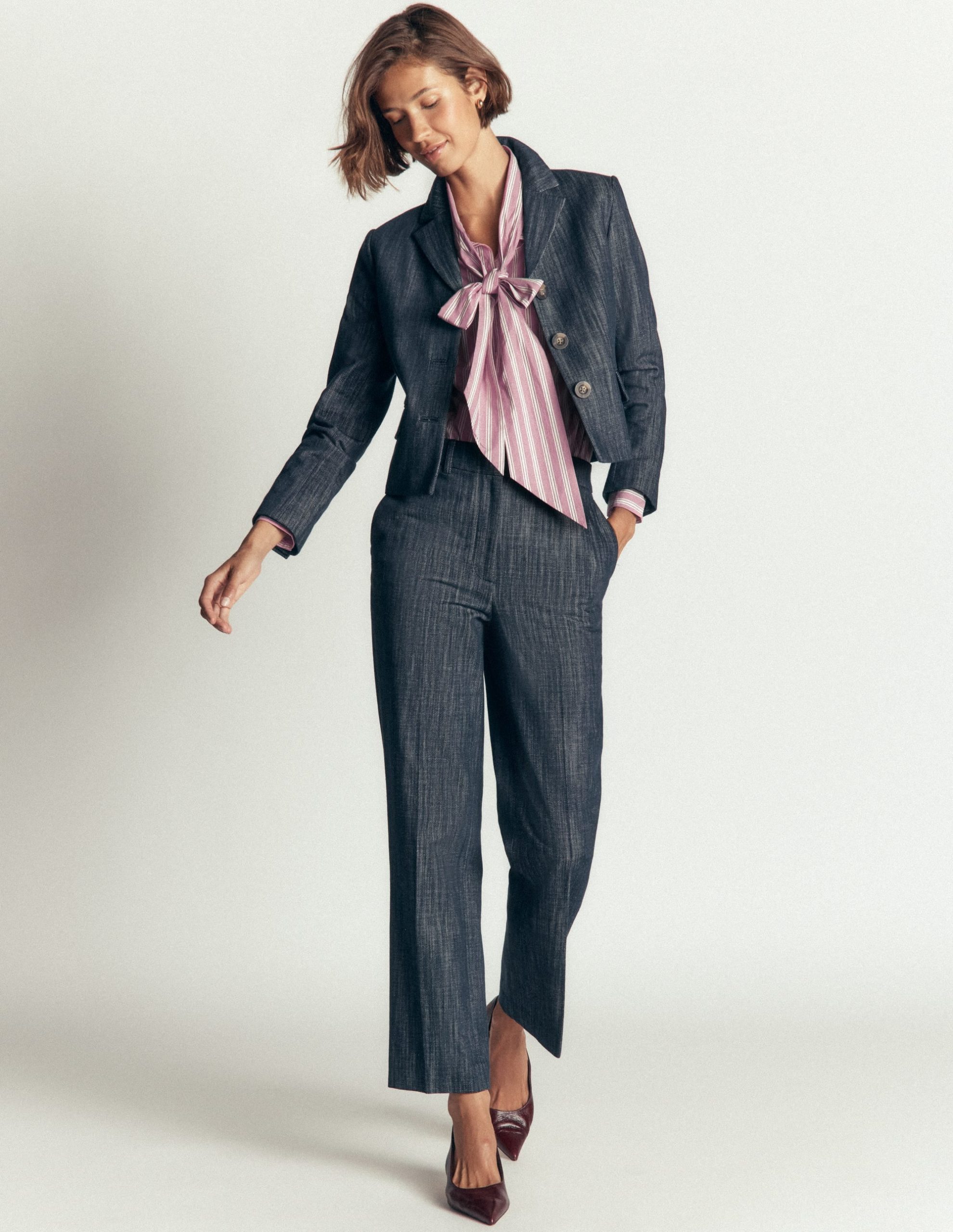 Clara Tie Neck Shirt-Pink. Maroon Tram Stripe - Image 7
