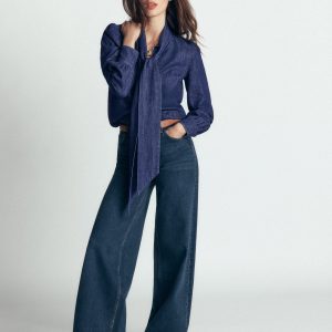Clara Tie Neck Denim Top-Dark Indigo