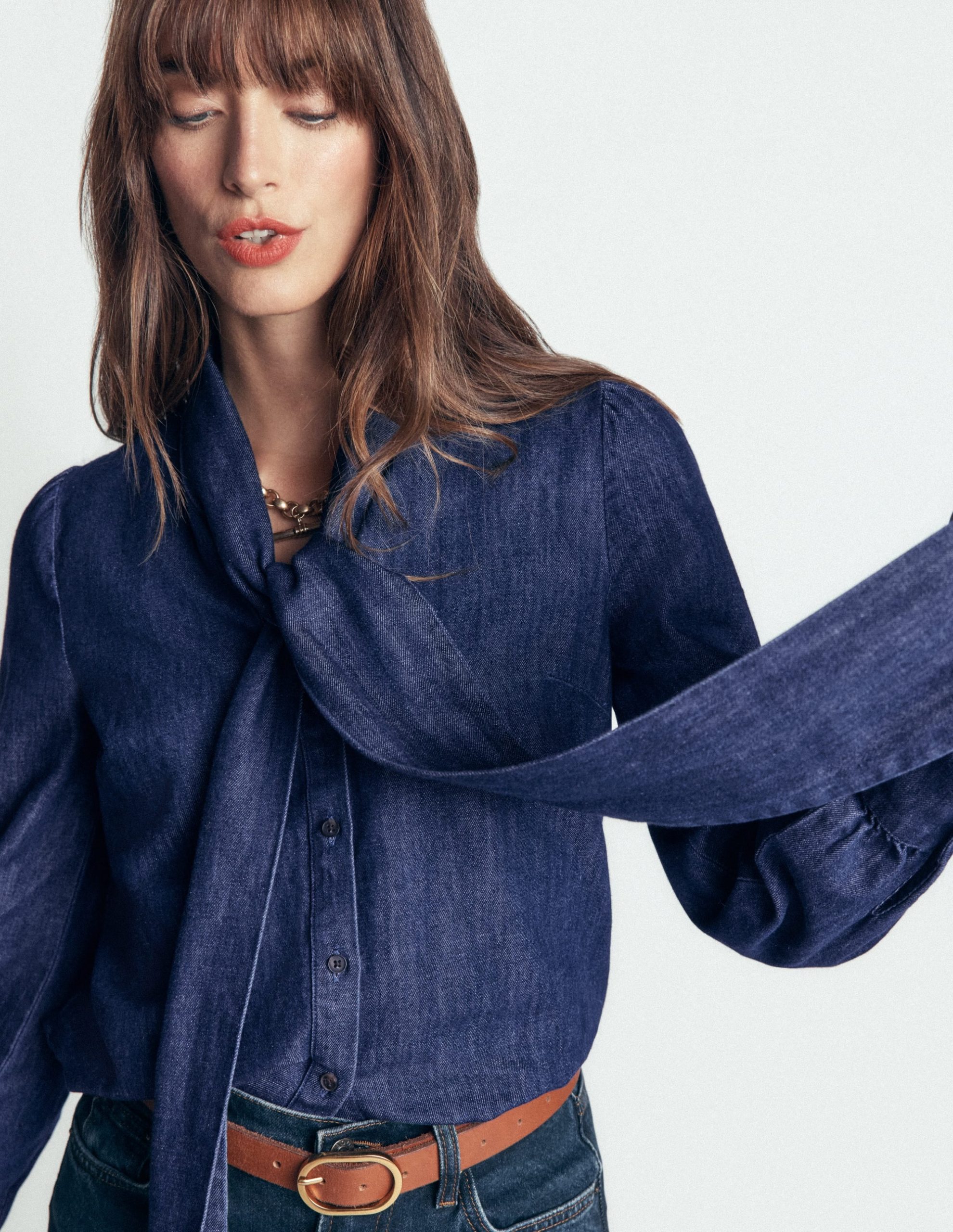 Clara Tie Neck Denim Top-Dark Indigo - Image 3