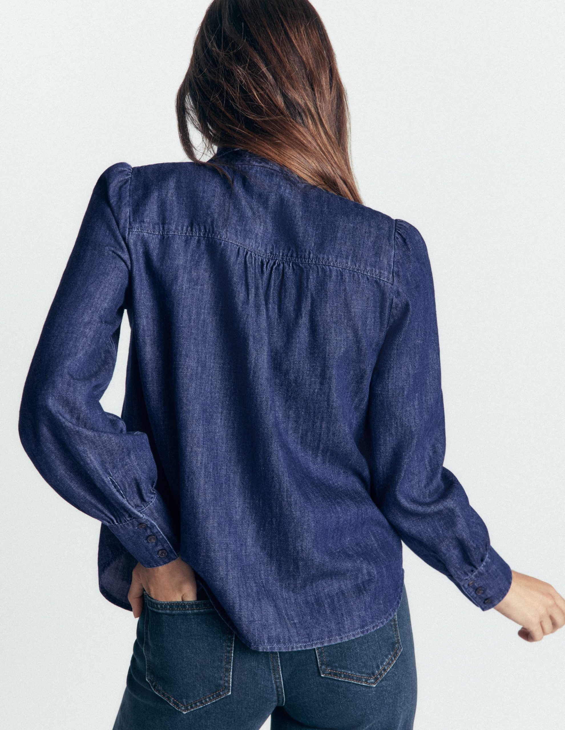Clara Tie Neck Denim Top-Dark Indigo - Image 4