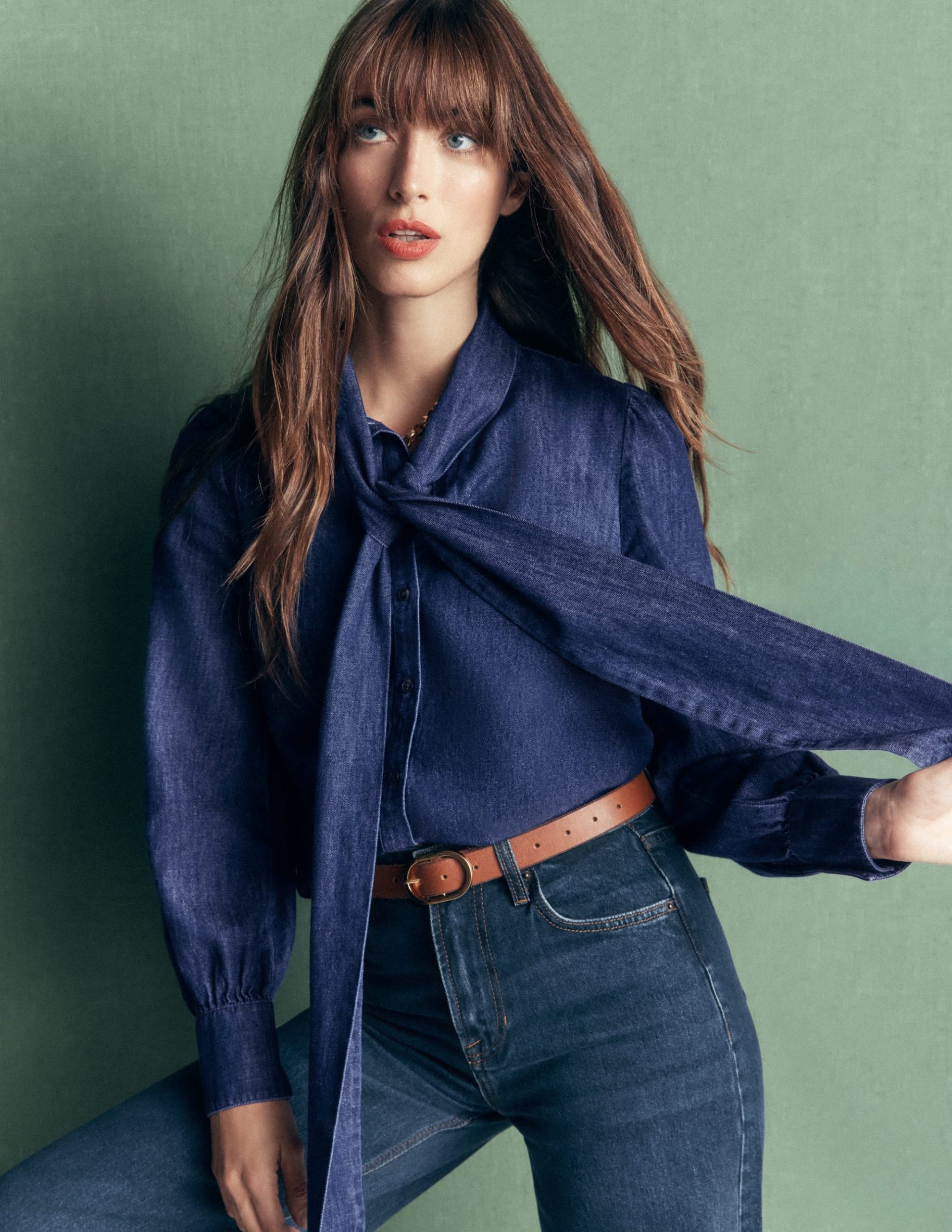 Clara Tie Neck Denim Top-Dark Indigo - Image 2