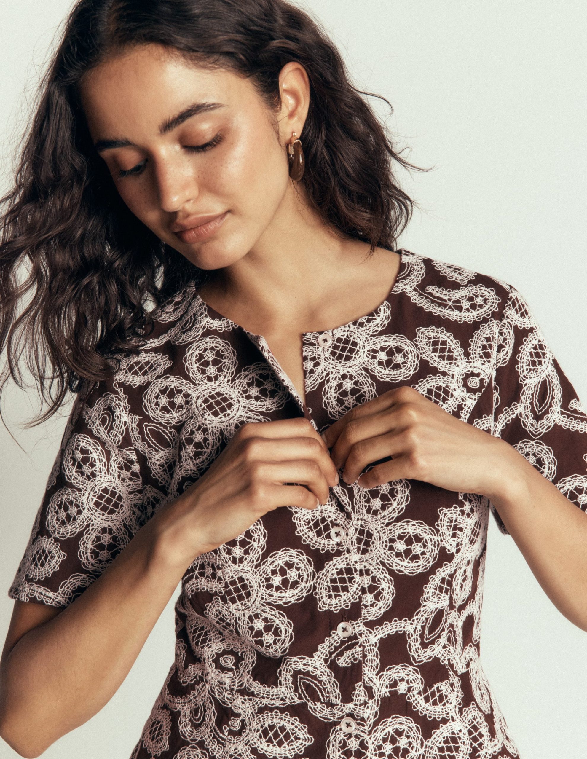 Embroidered Peplum Top-Bitter Chocolate - Image 3