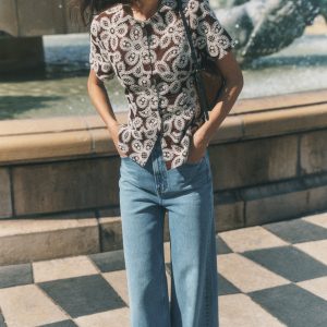 Embroidered Peplum Top-Bitter Chocolate
