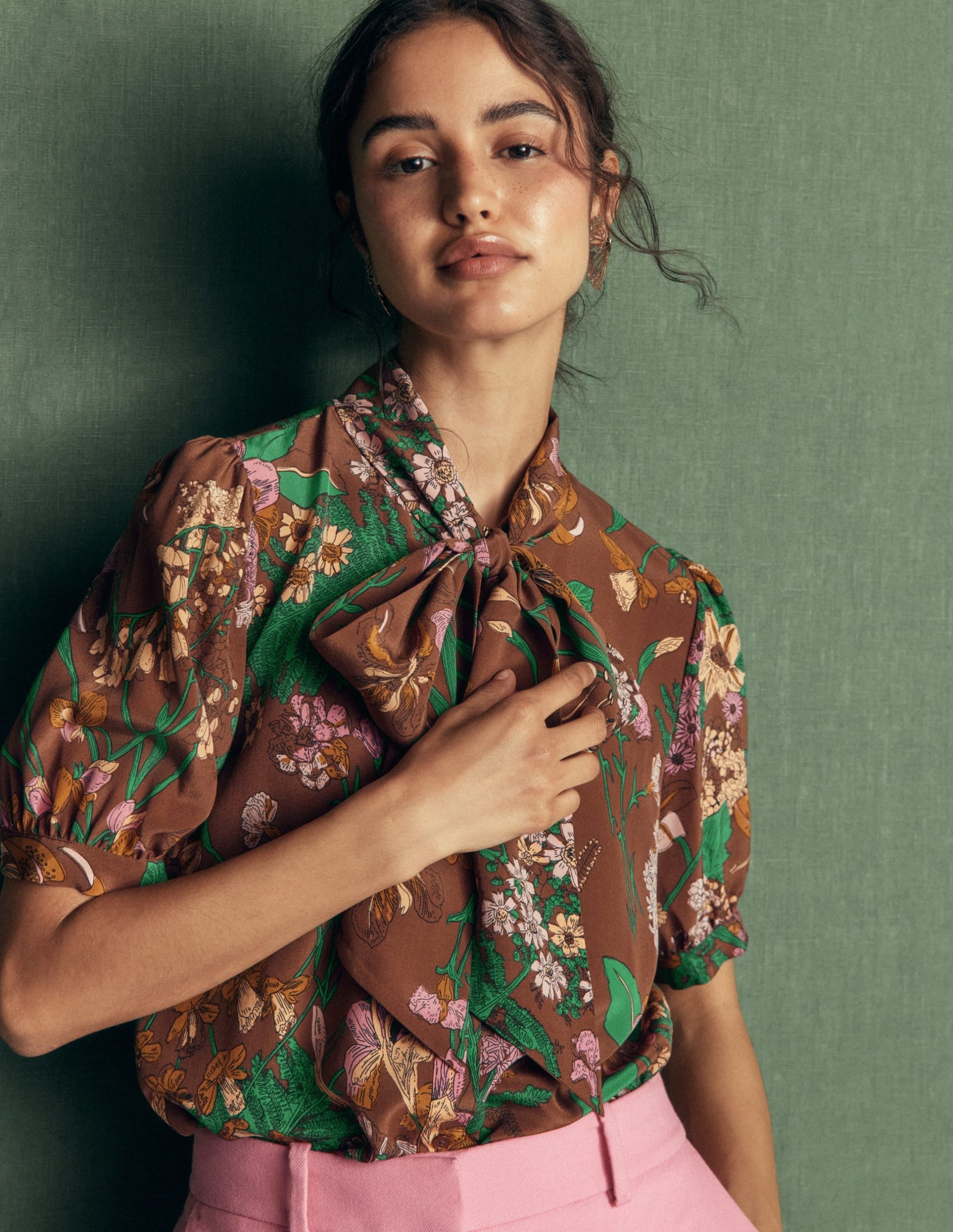 Tie Neck Silk Top-Woodland. Whimsical Flora - Image 2